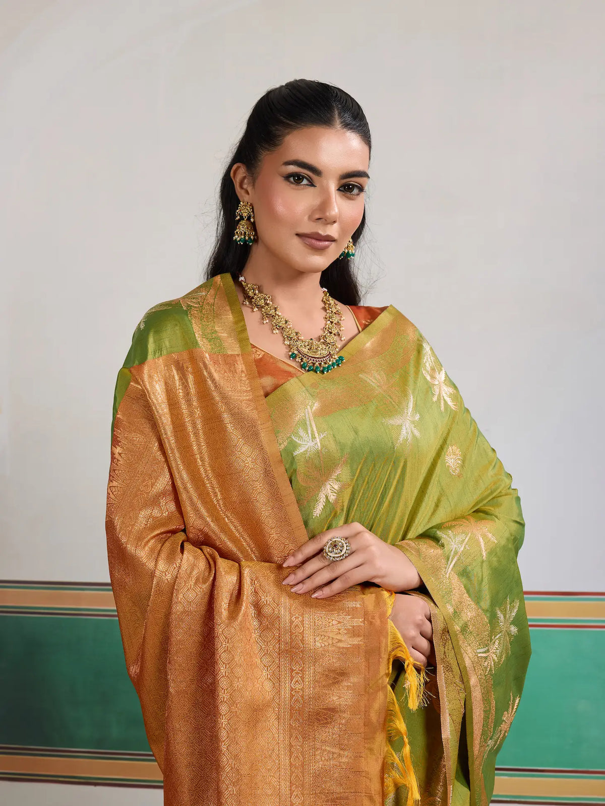 Olive Green Tussar Silk Weaving Work Saree