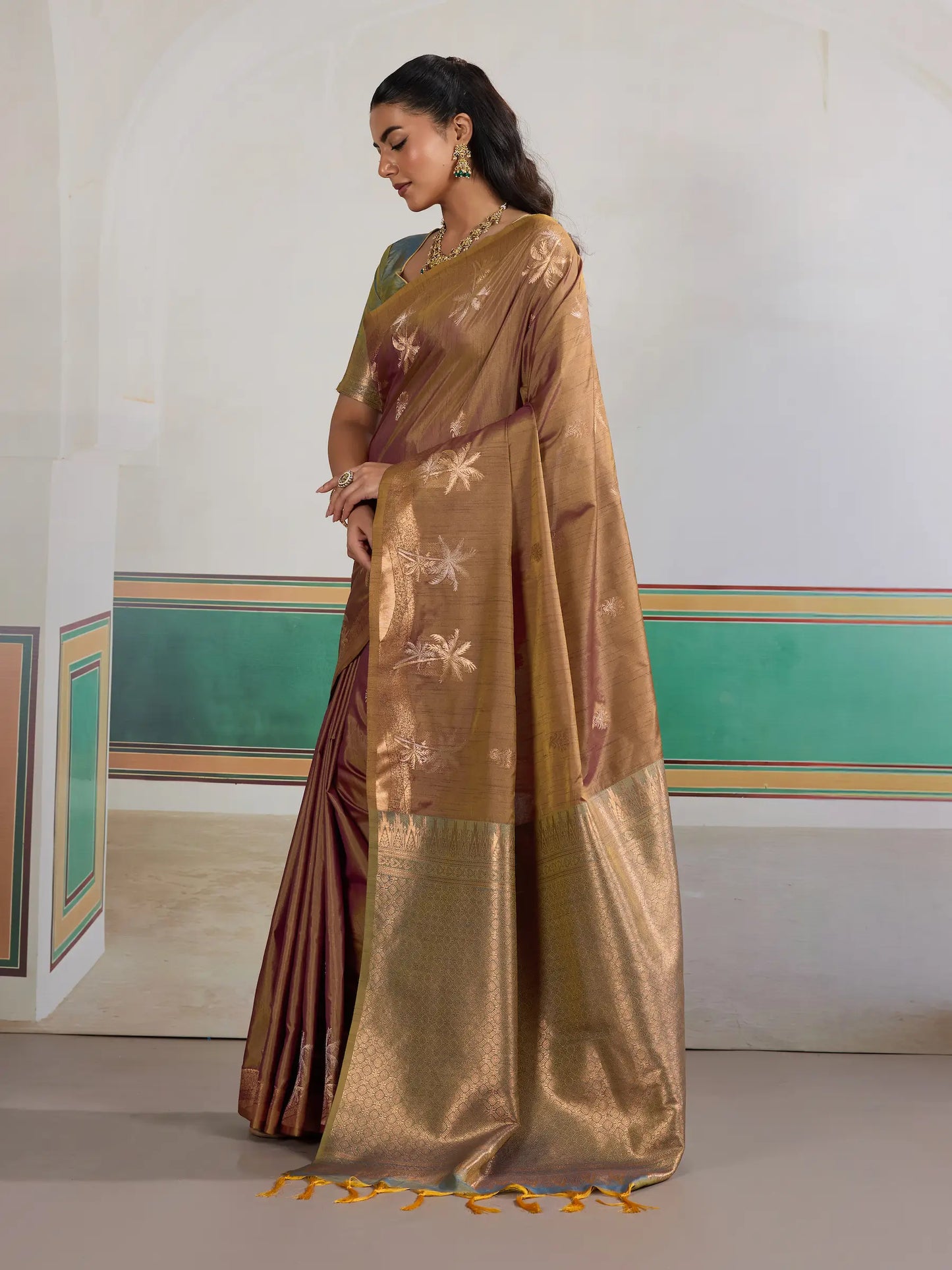 Rust Brown Tussar Silk Weaving Work Saree