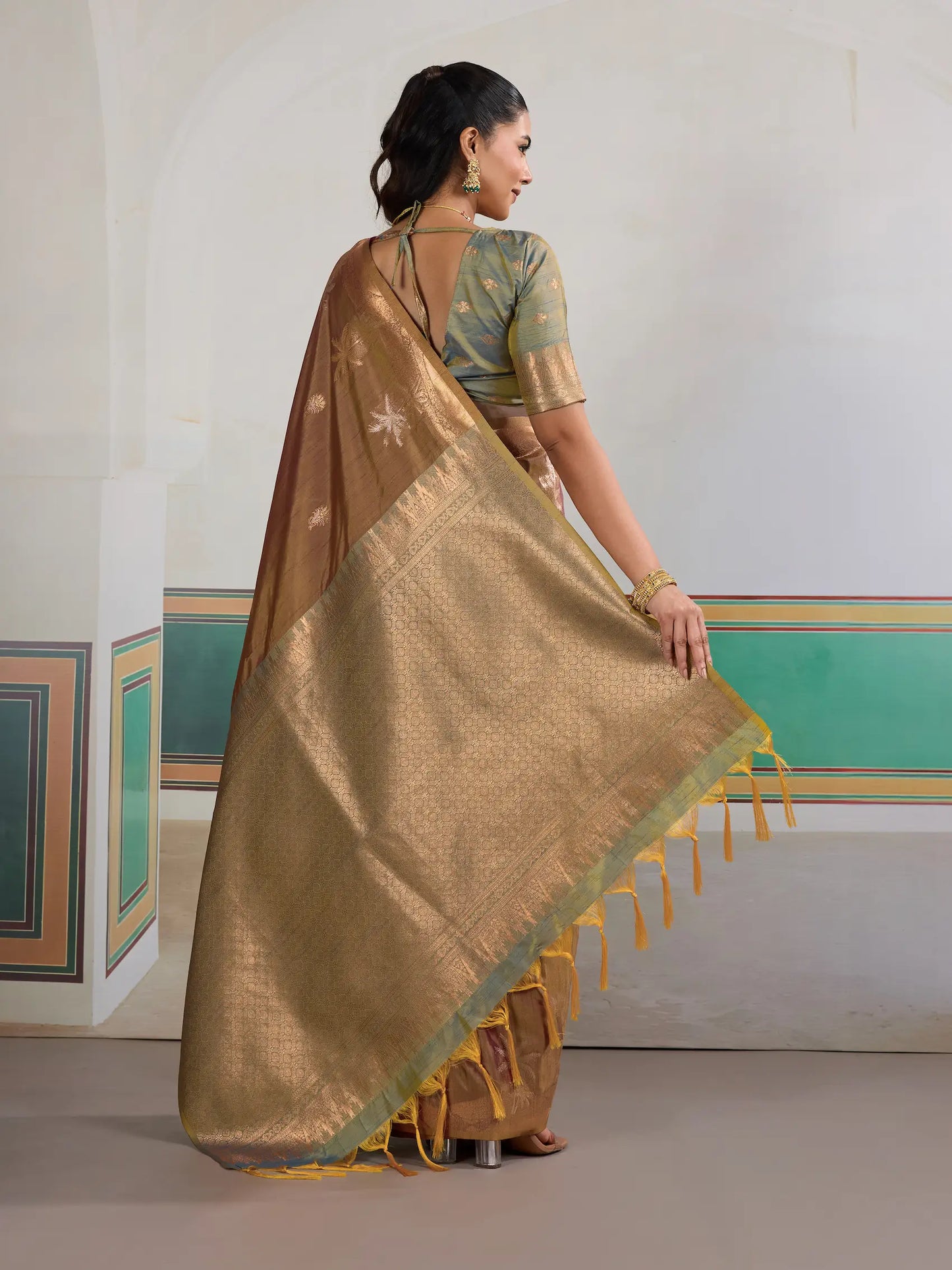 Rust Brown Tussar Silk Weaving Work Saree