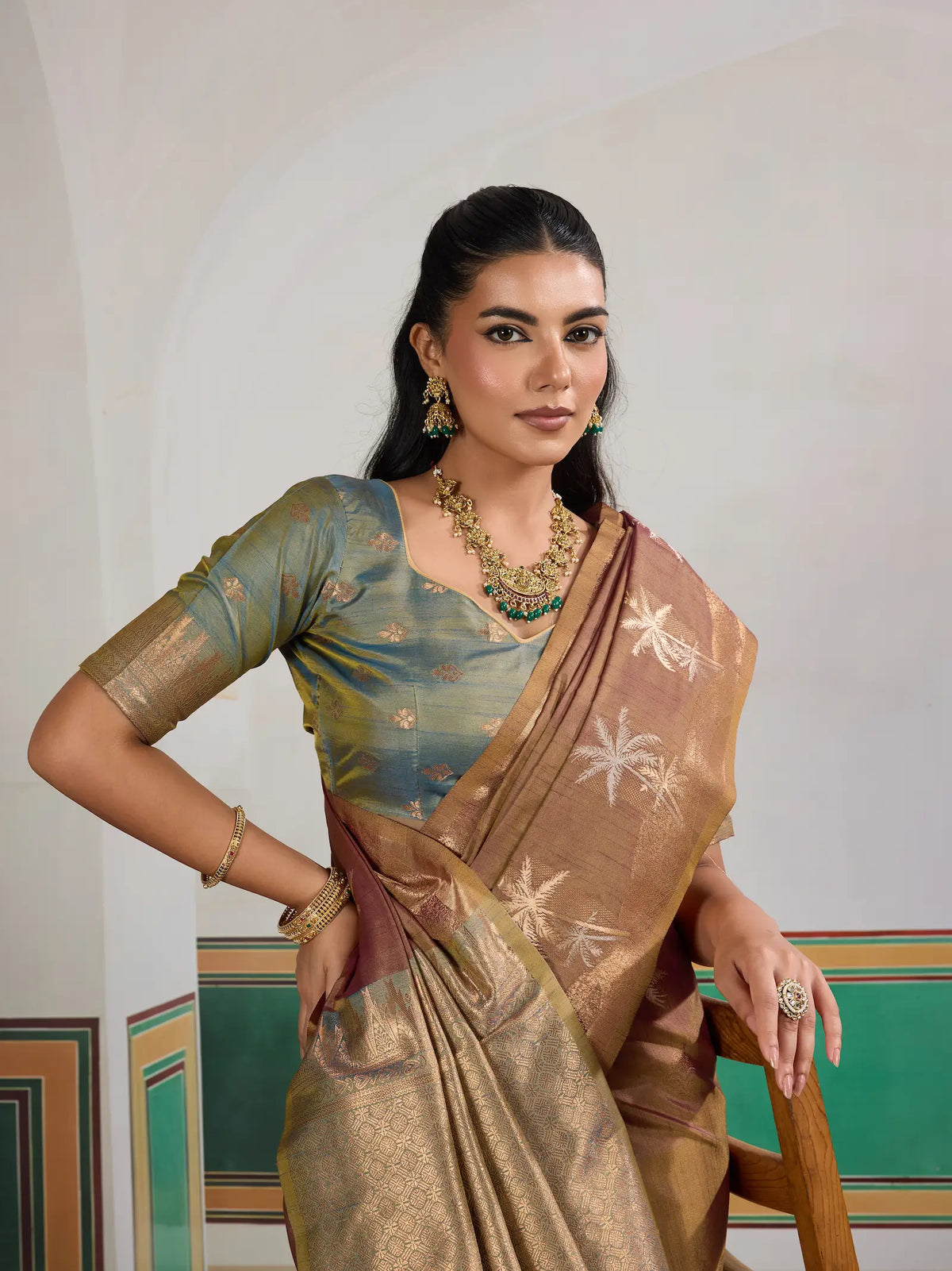 Rust Brown Tussar Silk Weaving Work Saree