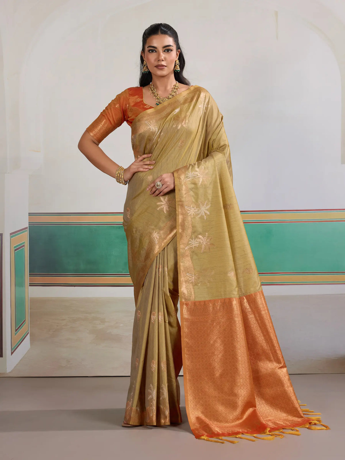 Dusty Yellow Tussar Silk Weaving Work Saree