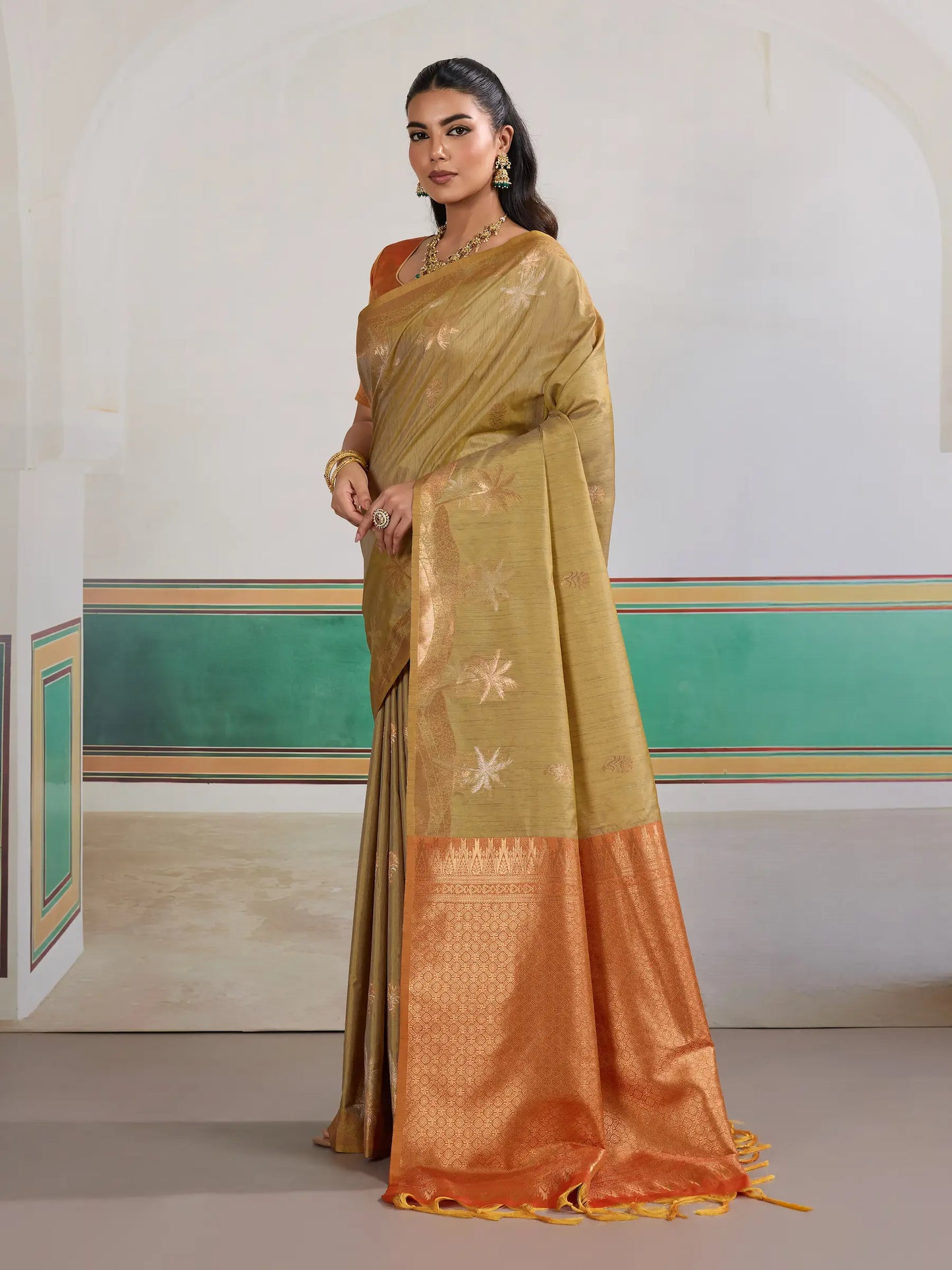 Dusty Yellow Tussar Silk Weaving Work Saree