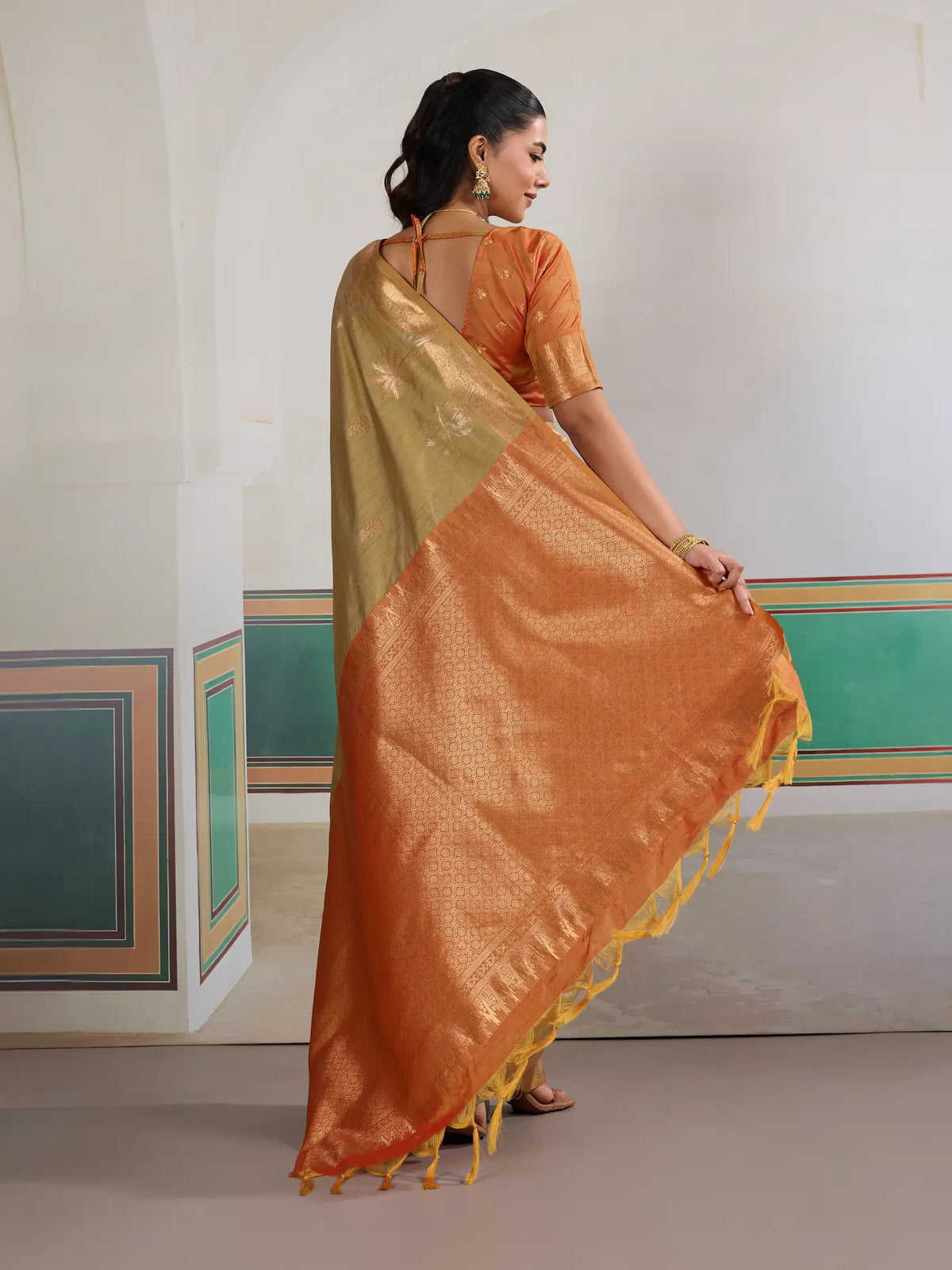 Dusty Yellow Tussar Silk Weaving Work Saree