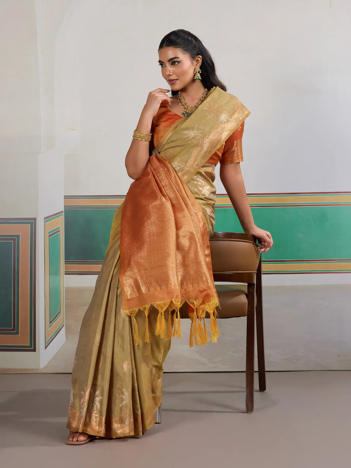 Dusty Yellow Tussar Silk Weaving Work Saree
