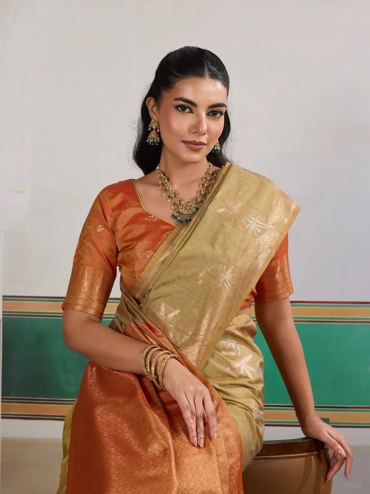 Dusty Yellow Tussar Silk Weaving Work Saree