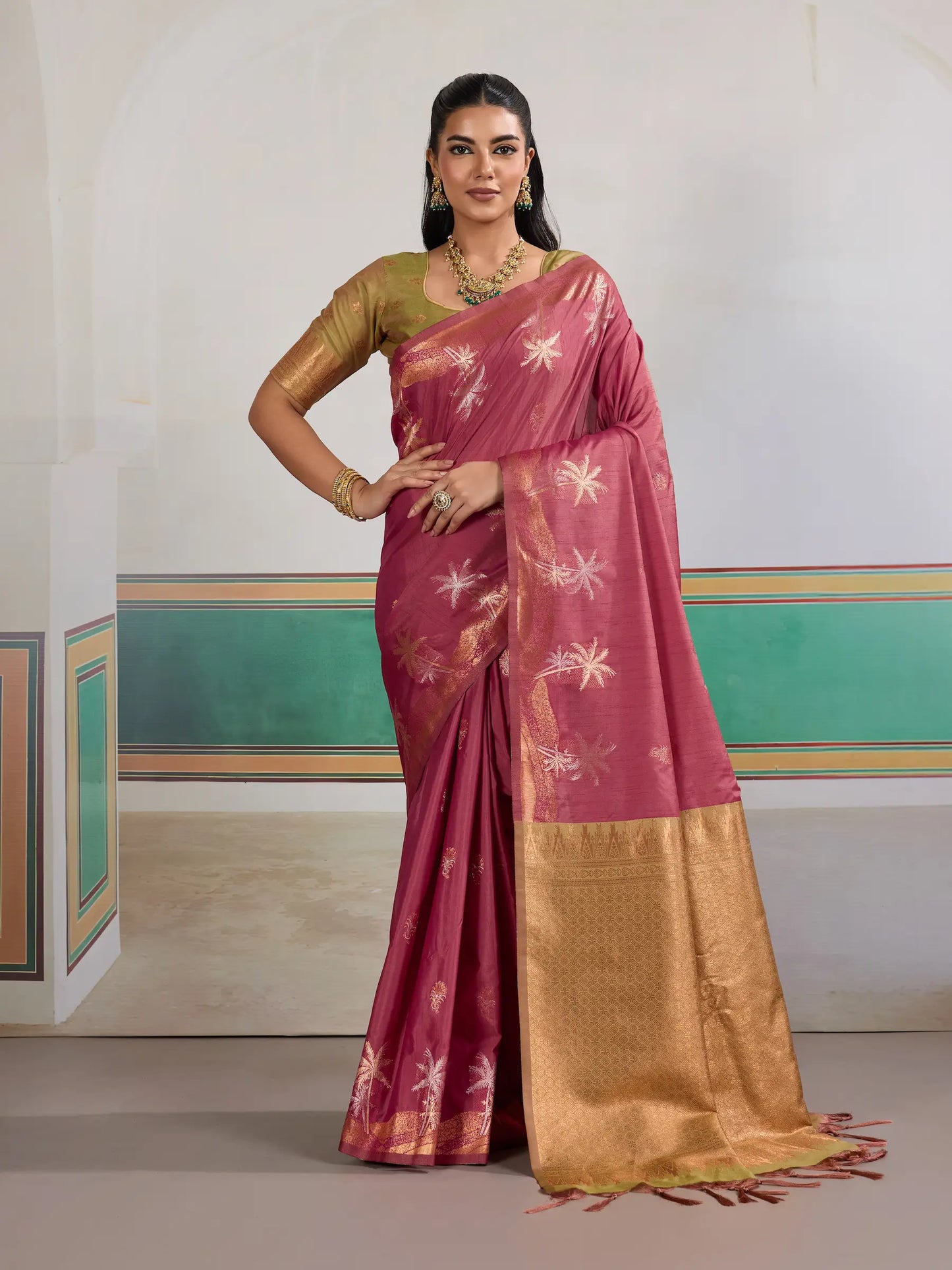 Dark Rose Tussar Silk Weaving Work Saree