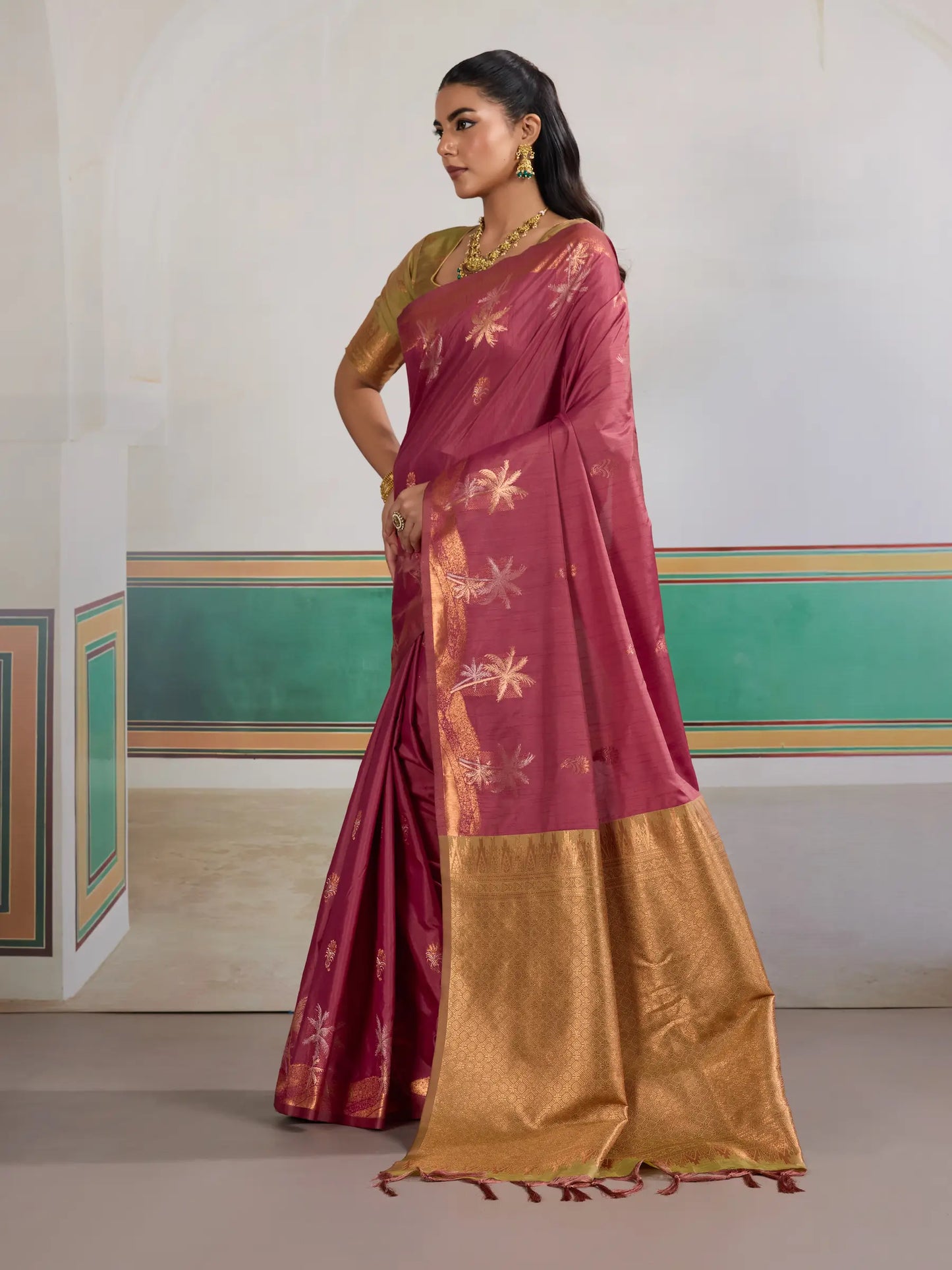 Dark Rose Tussar Silk Weaving Work Saree