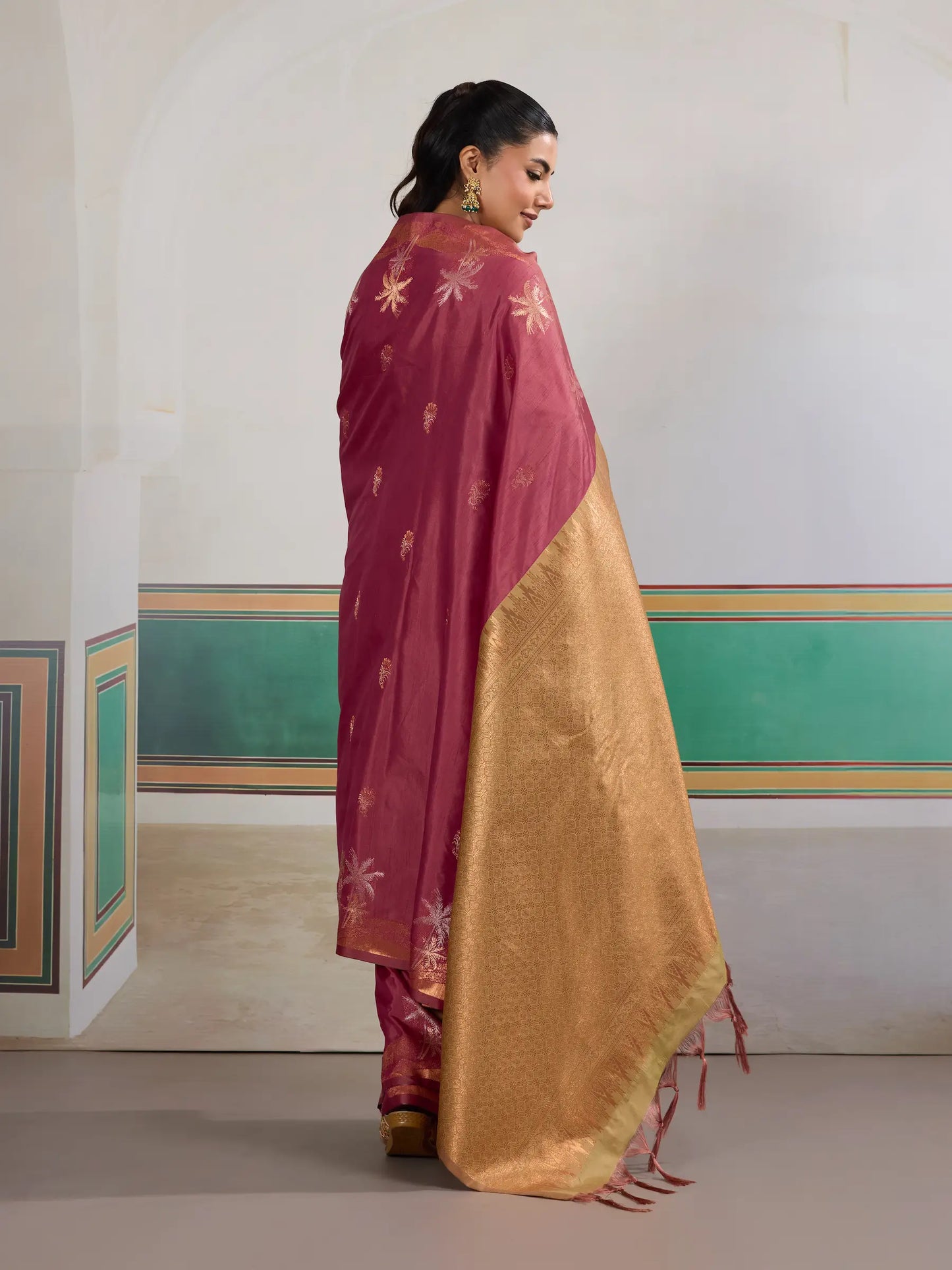Dark Rose Tussar Silk Weaving Work Saree