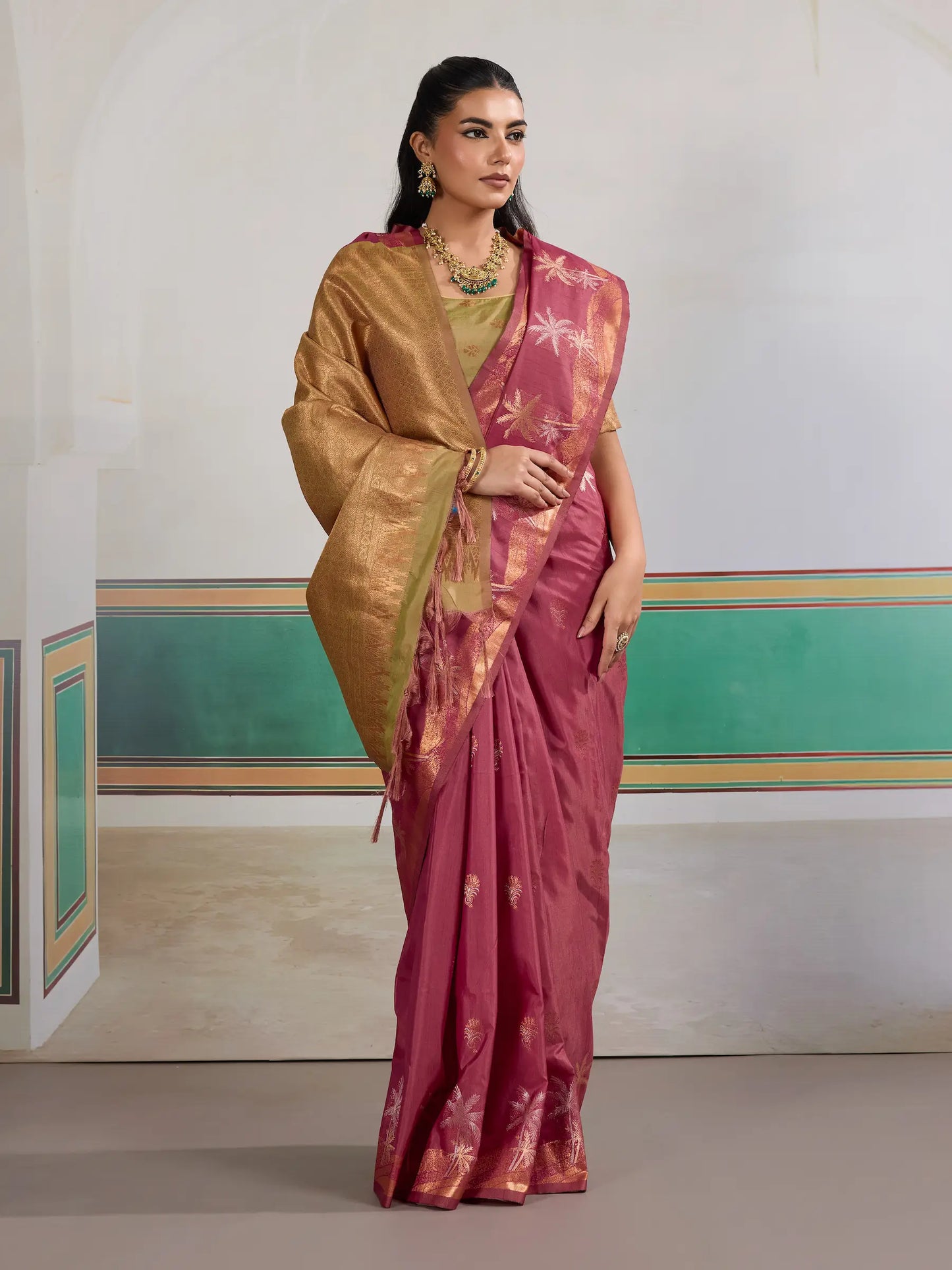 Dark Rose Tussar Silk Weaving Work Saree