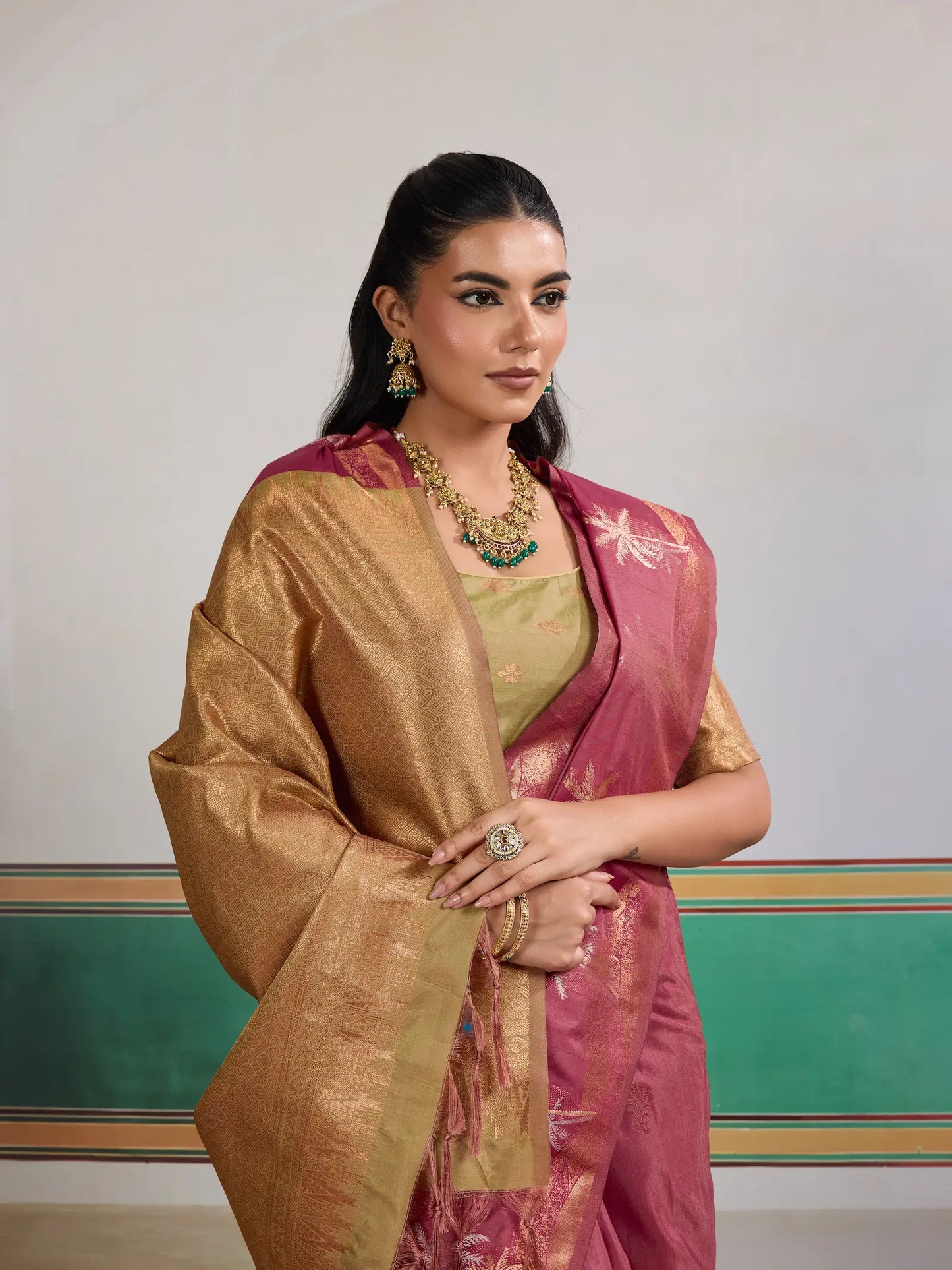 Dark Rose Tussar Silk Weaving Work Saree