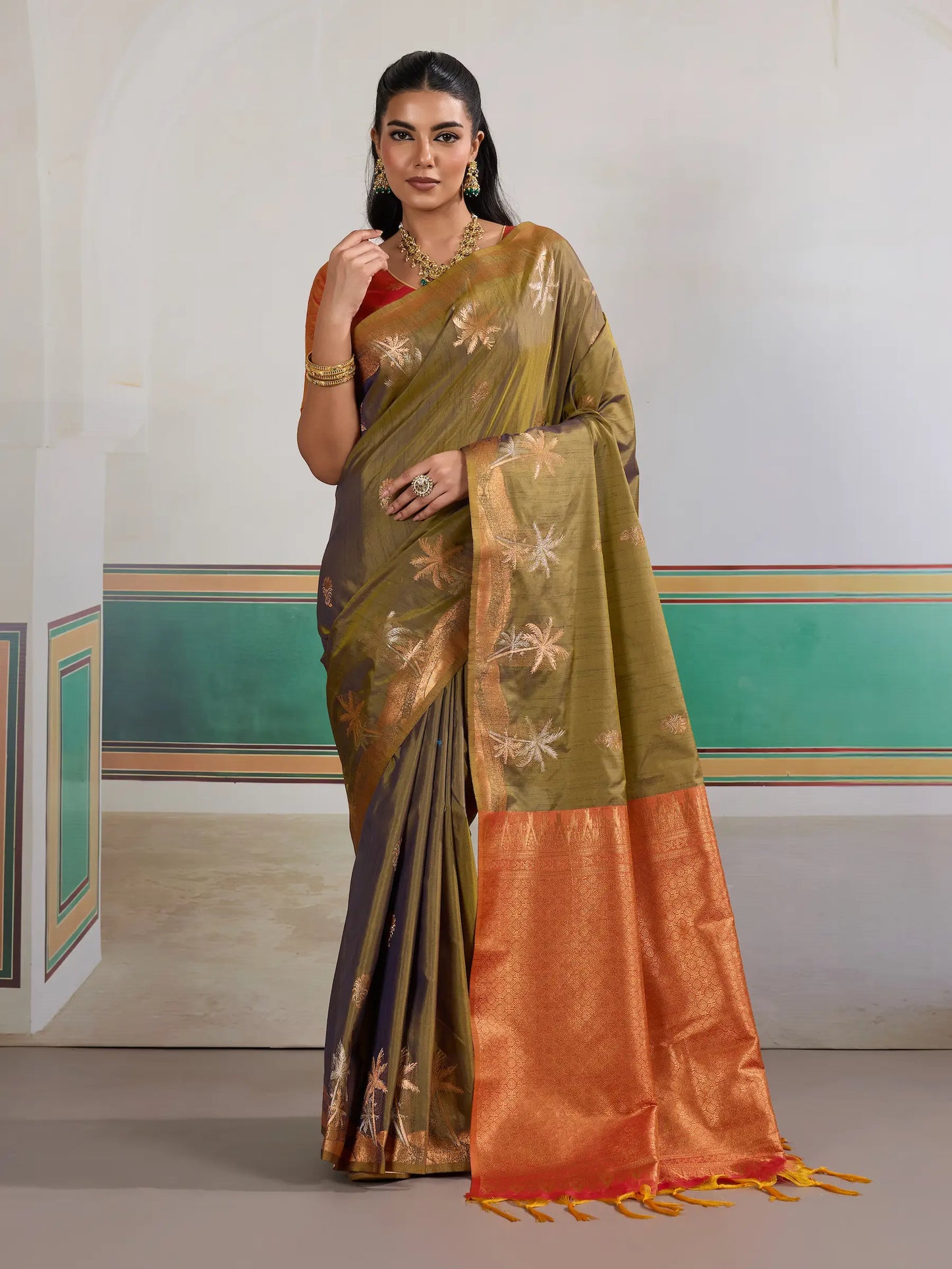 Cedar Brown Tussar Silk Weaving Work Saree