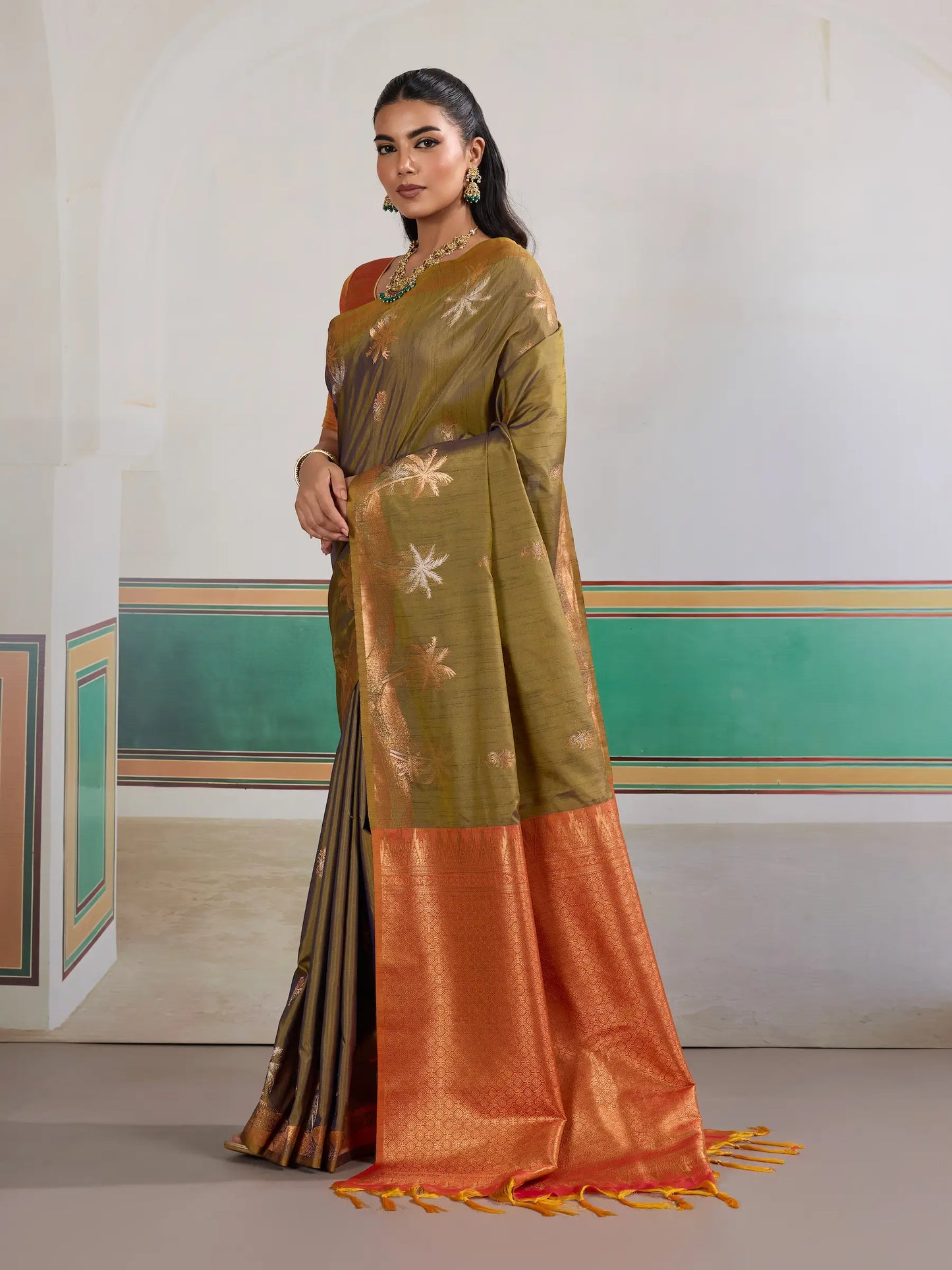 Cedar Brown Tussar Silk Weaving Work Saree
