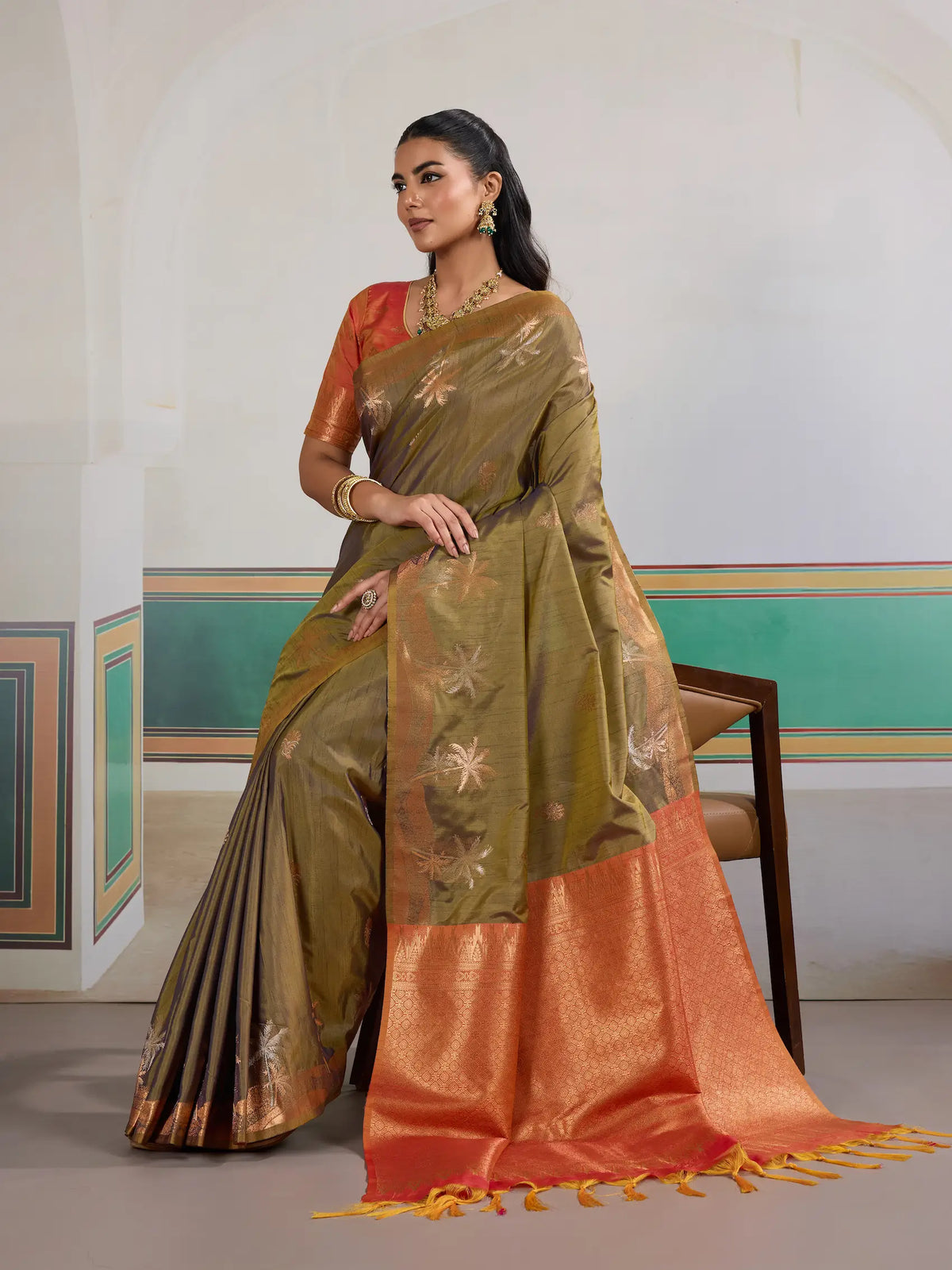 Cedar Brown Tussar Silk Weaving Work Saree