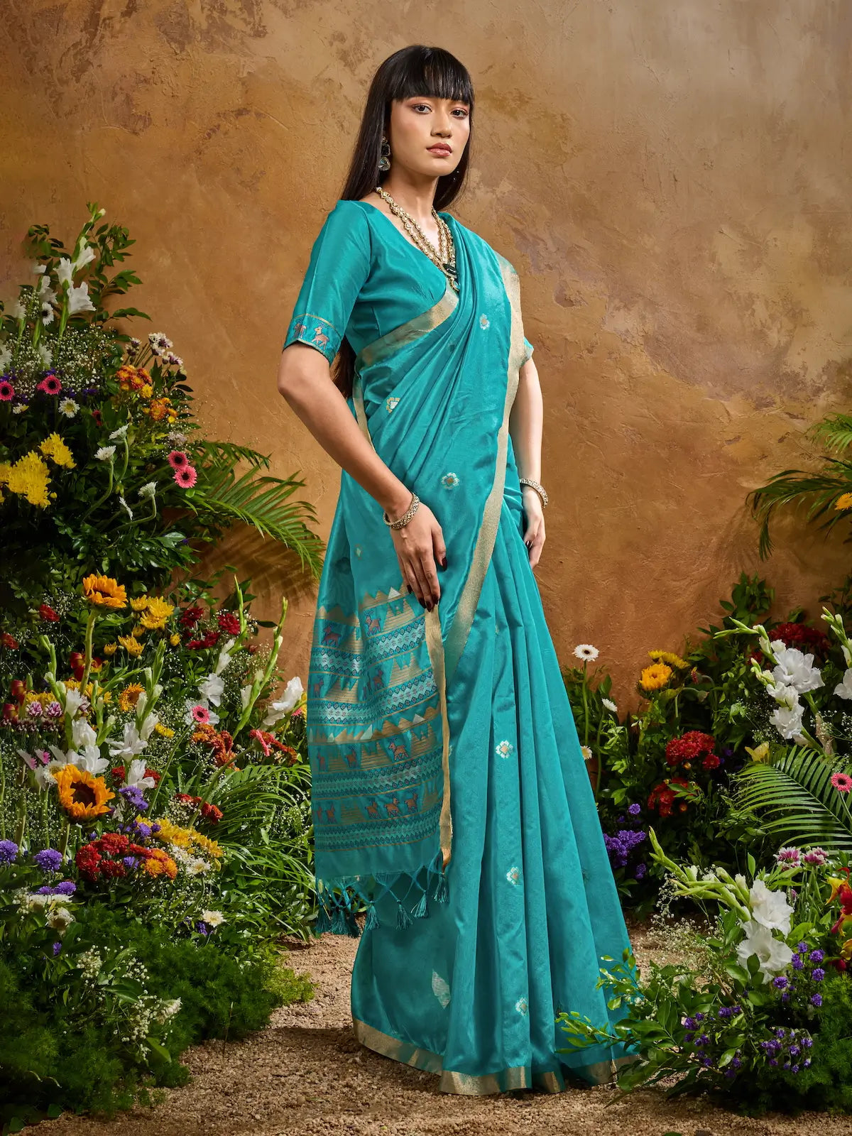 Pacific Blue Zari weaving Tussar Silk Saree