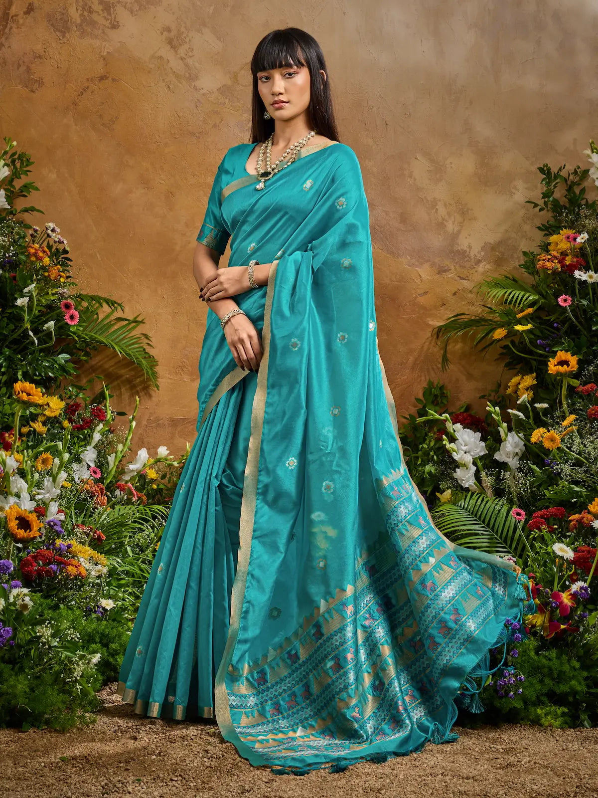 Pacific Blue Zari weaving Tussar Silk Saree