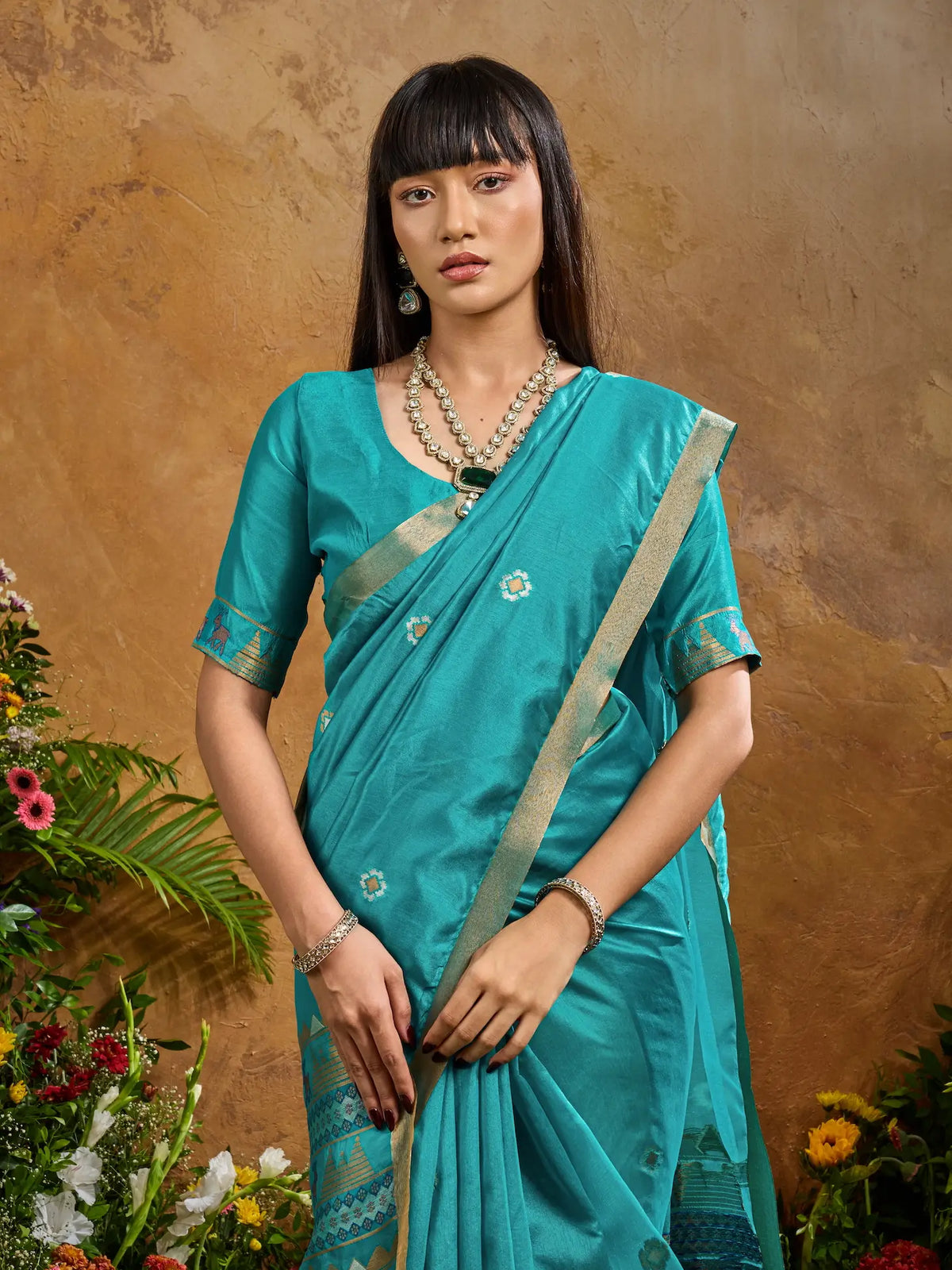 Pacific Blue Zari weaving Tussar Silk Saree