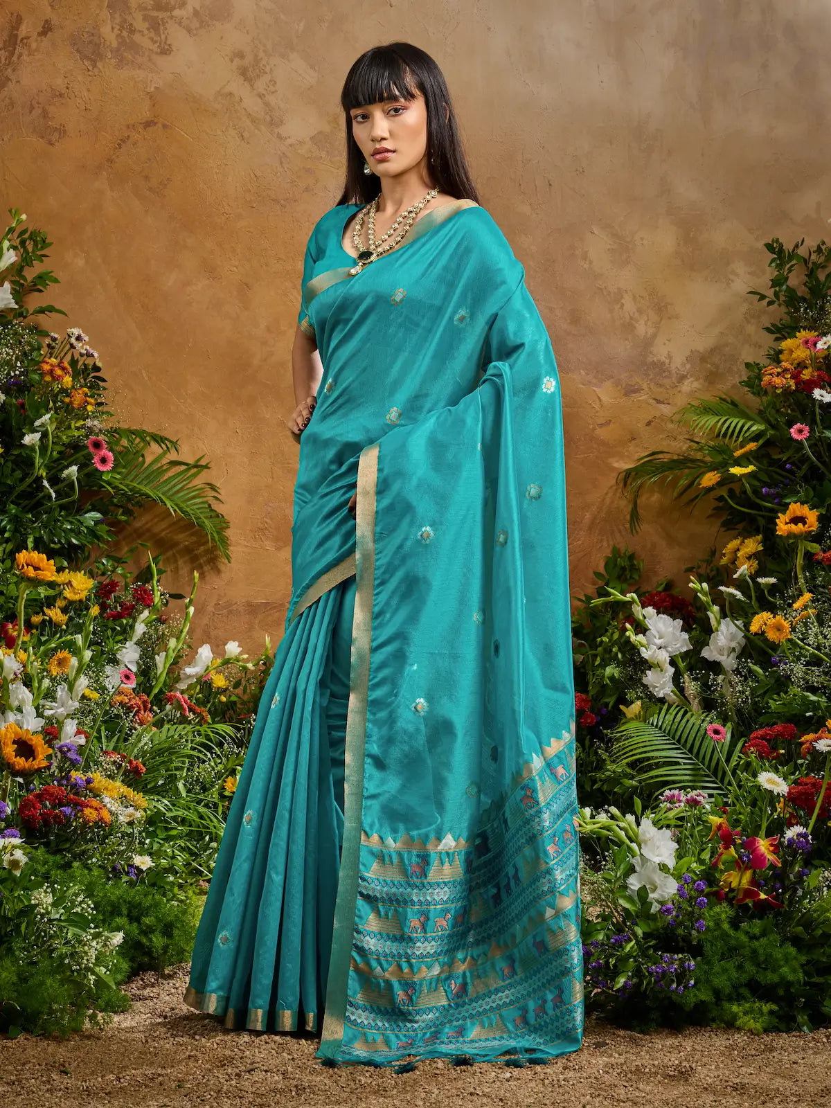 Pacific Blue Zari weaving Tussar Silk Saree