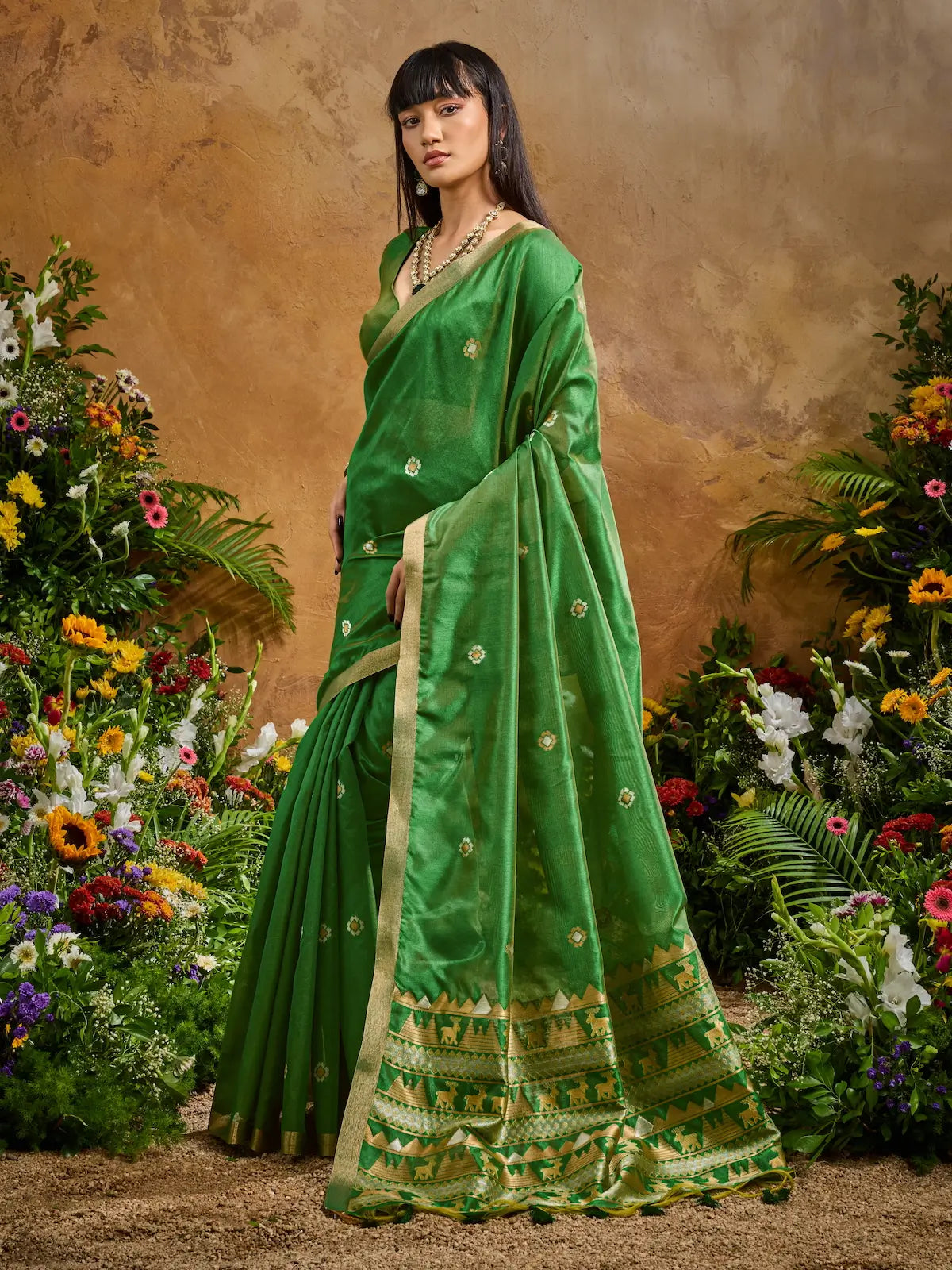 Tropical Green Zari weaving Tussar Silk Saree