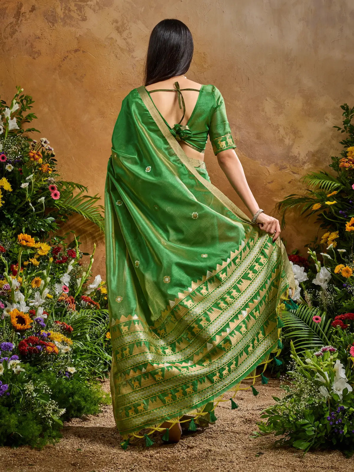 Tropical Green Zari weaving Tussar Silk Saree