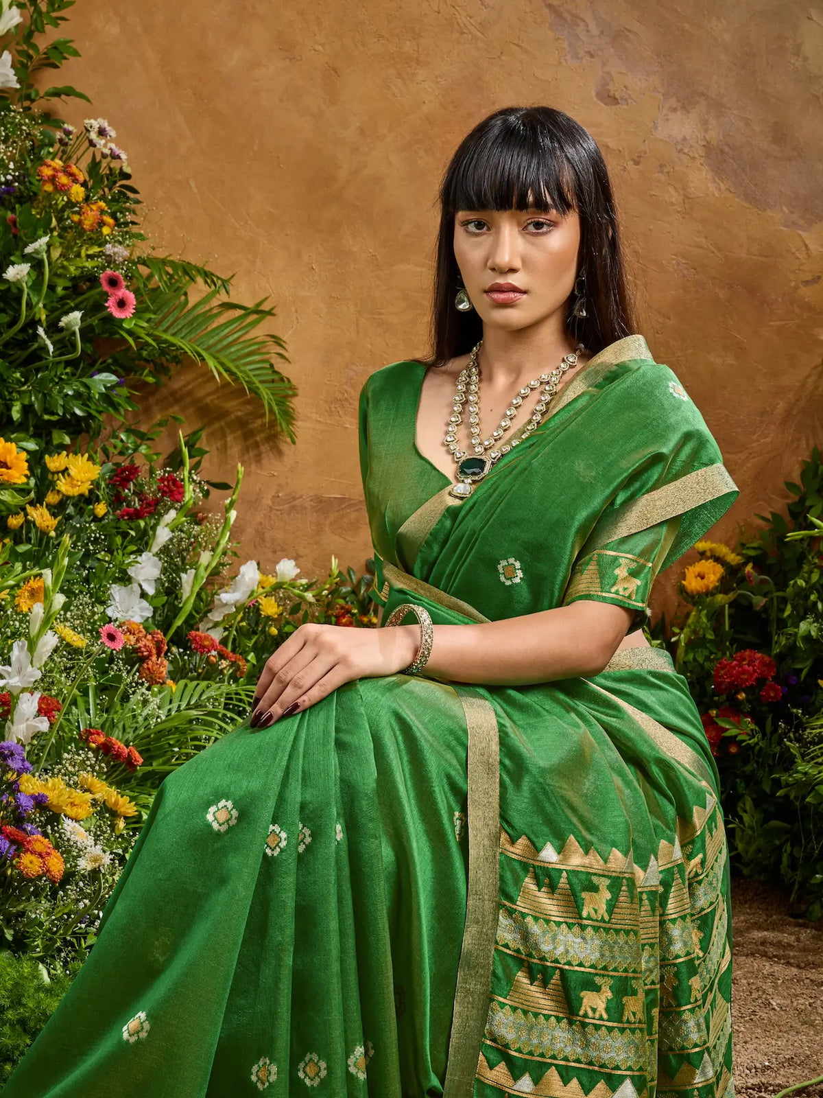 Tropical Green Zari weaving Tussar Silk Saree
