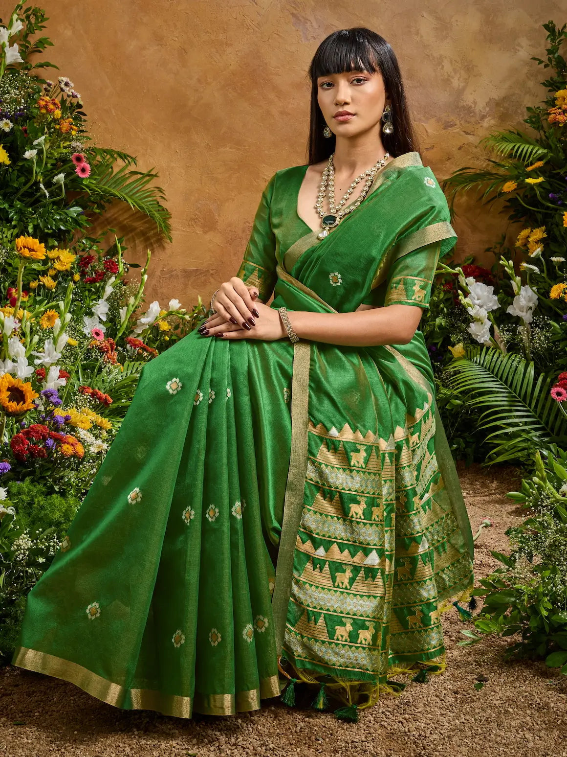 Tropical Green Zari weaving Tussar Silk Saree