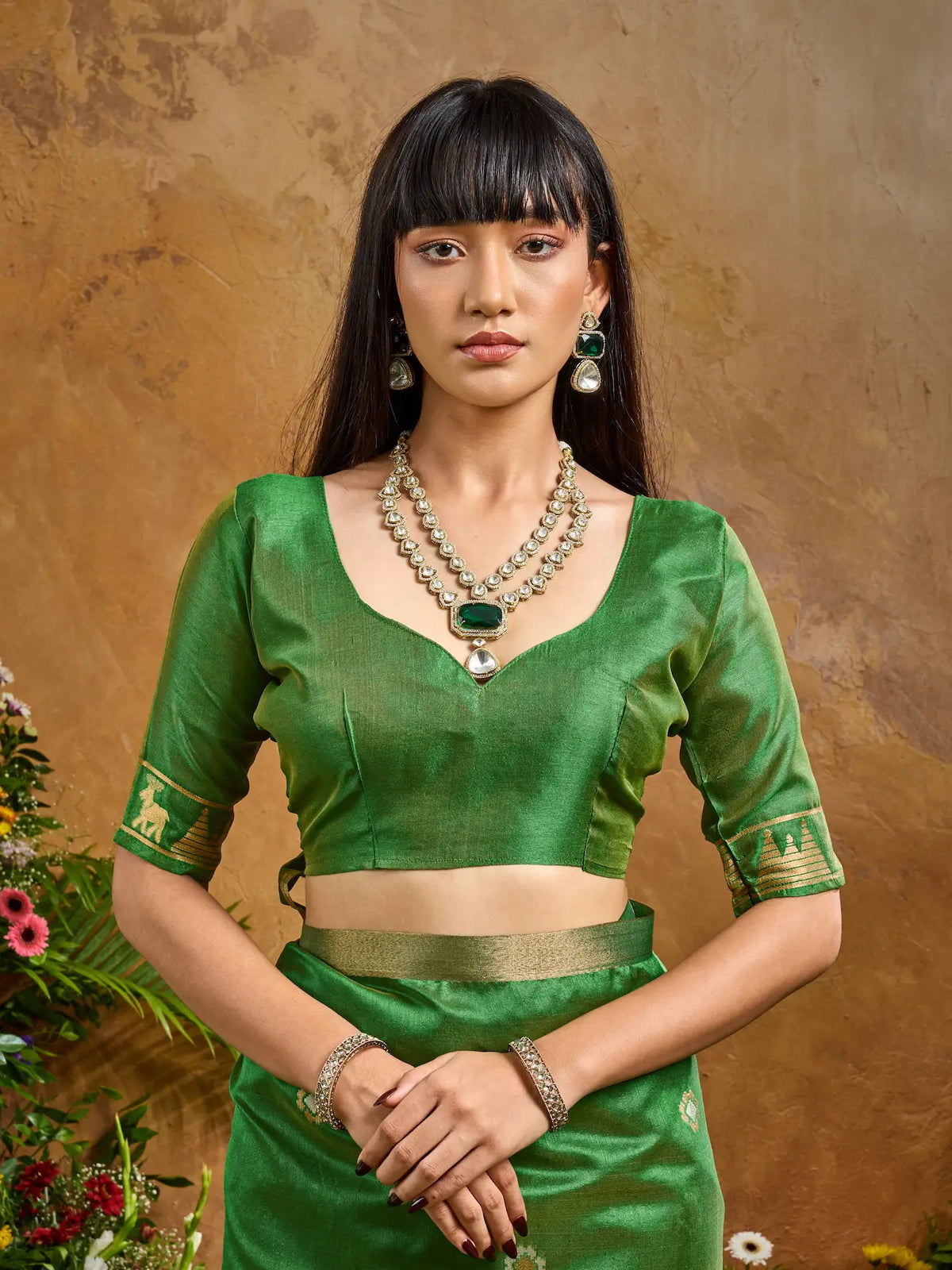 Tropical Green Zari weaving Tussar Silk Saree