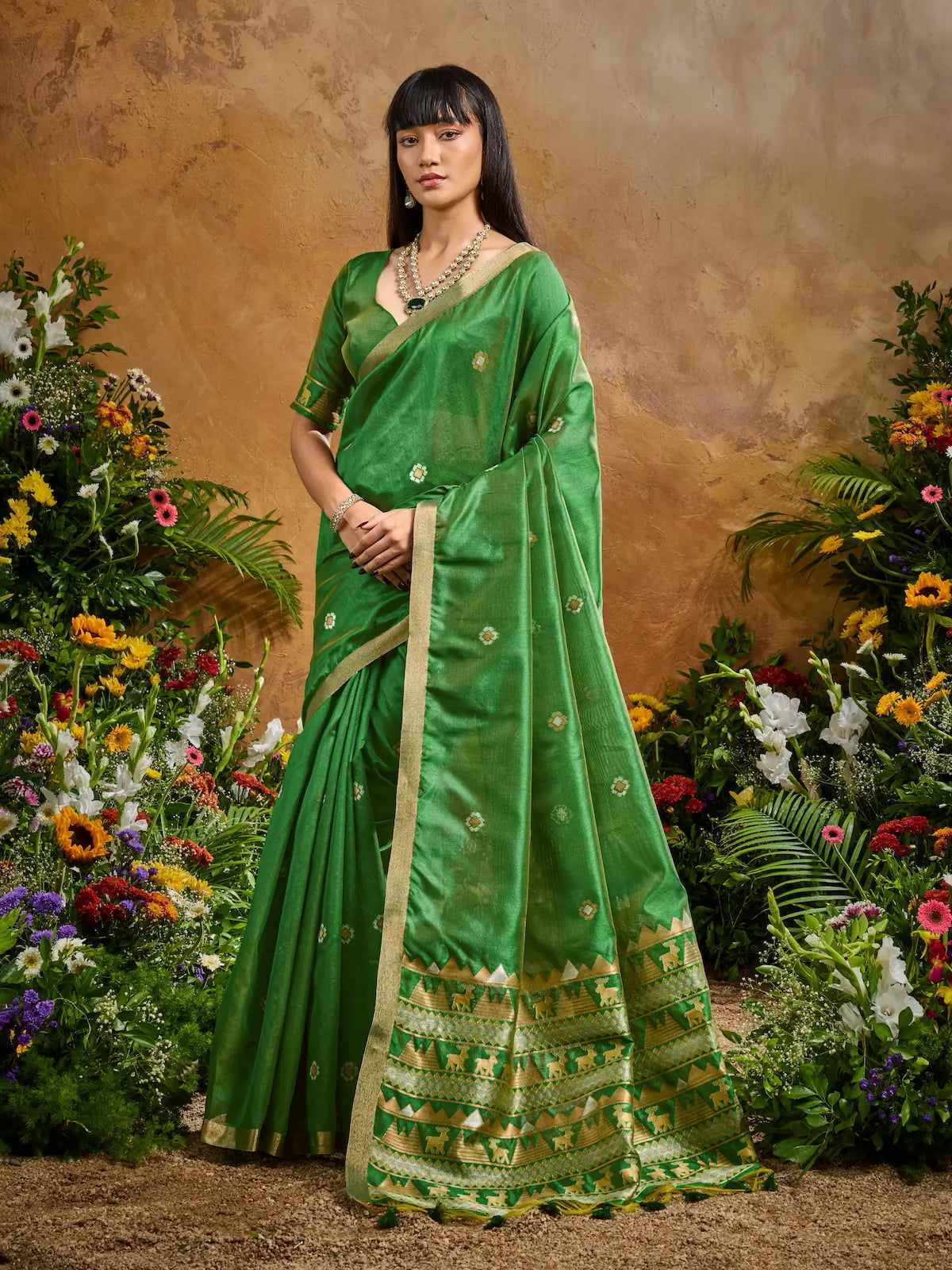 Tropical Green Zari weaving Tussar Silk Saree