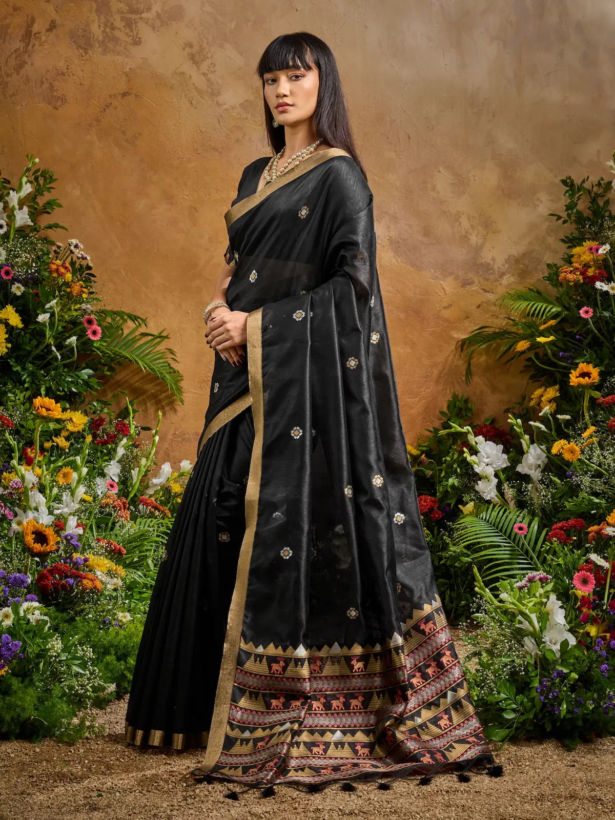Charcoal Black Zari weaving Tussar Silk Saree