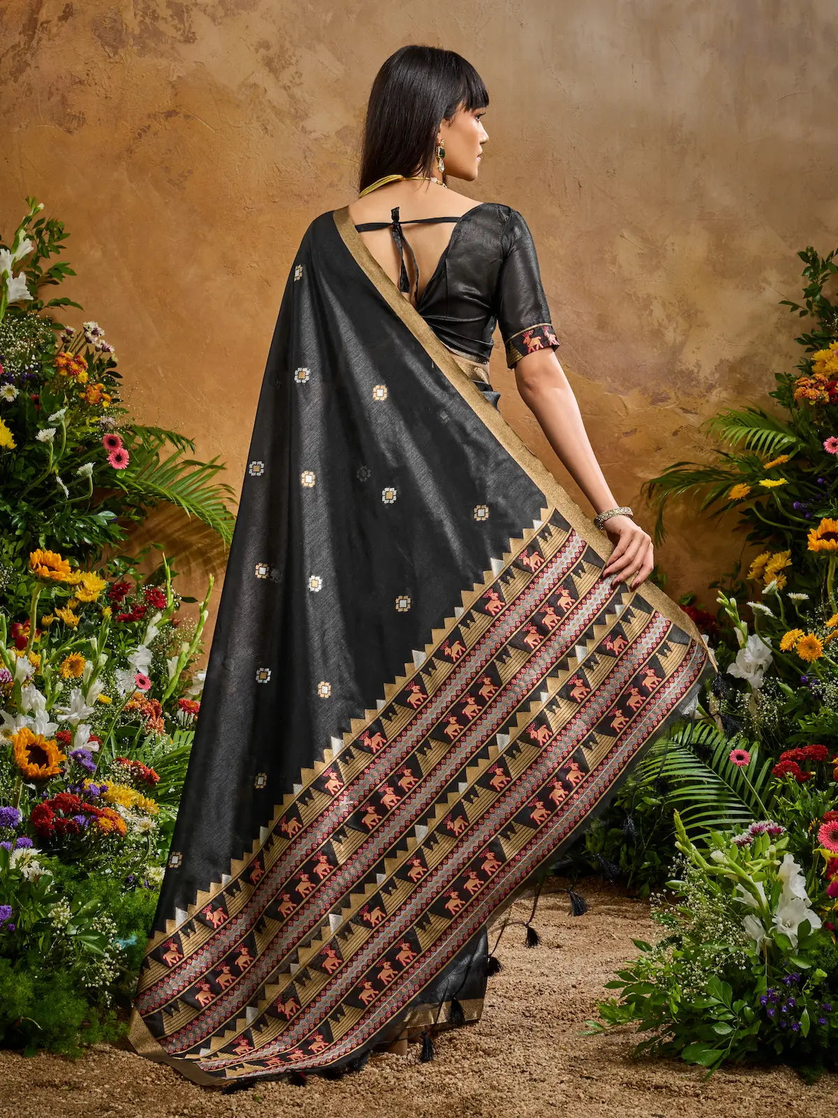 Charcoal Black Zari weaving Tussar Silk Saree
