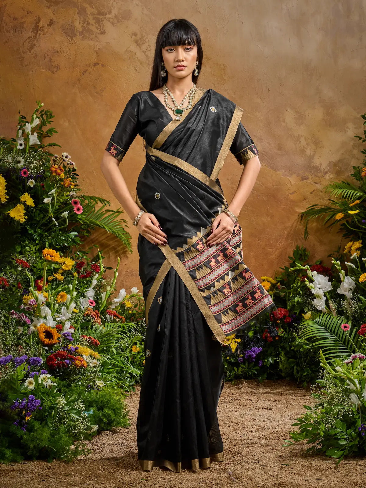 Charcoal Black Zari weaving Tussar Silk Saree