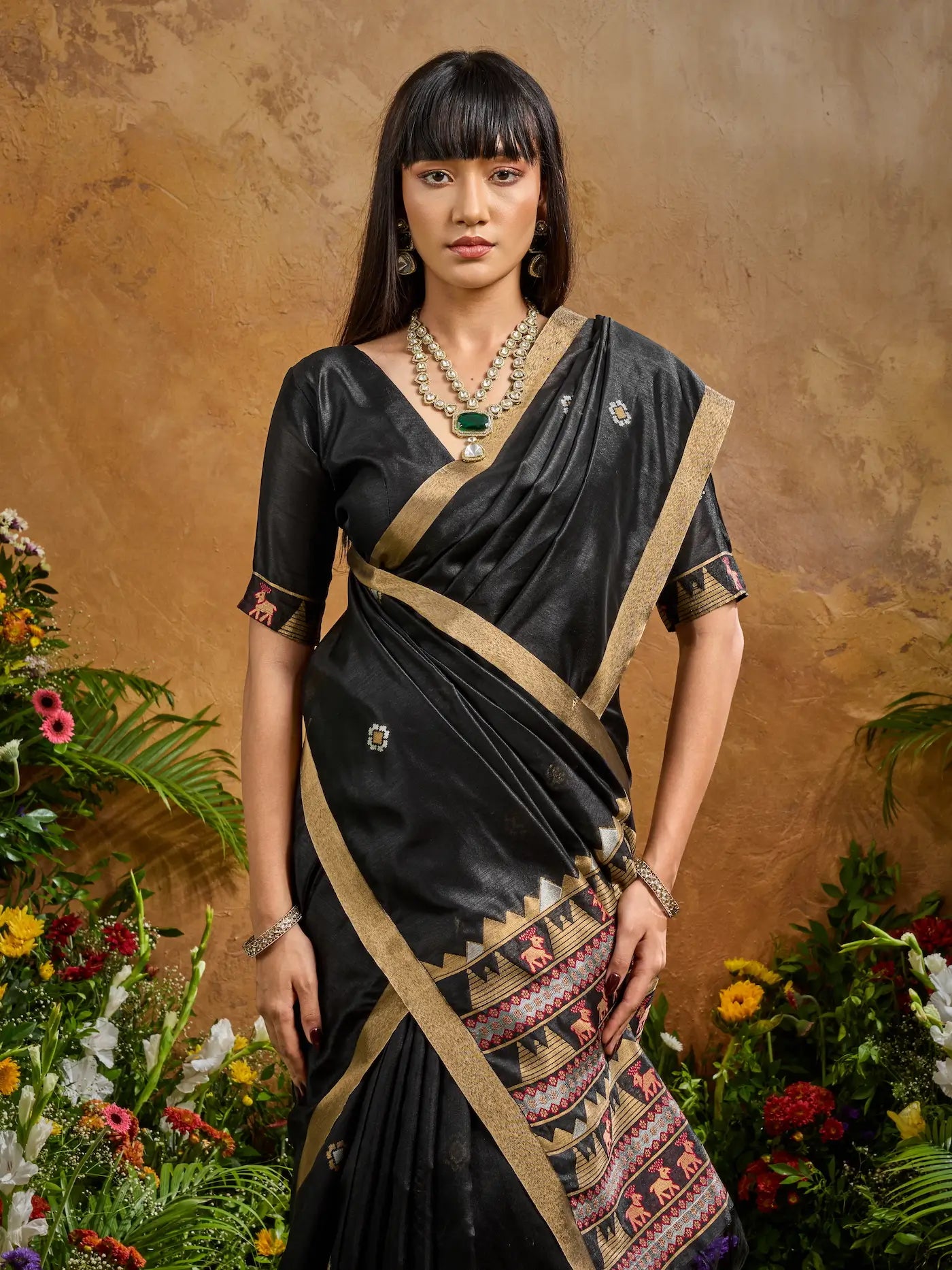Charcoal Black Zari weaving Tussar Silk Saree