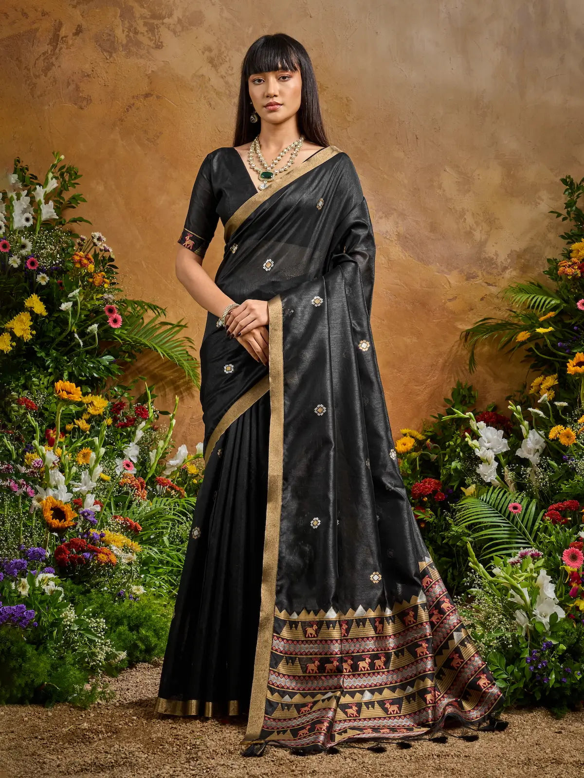 Charcoal Black Zari weaving Tussar Silk Saree