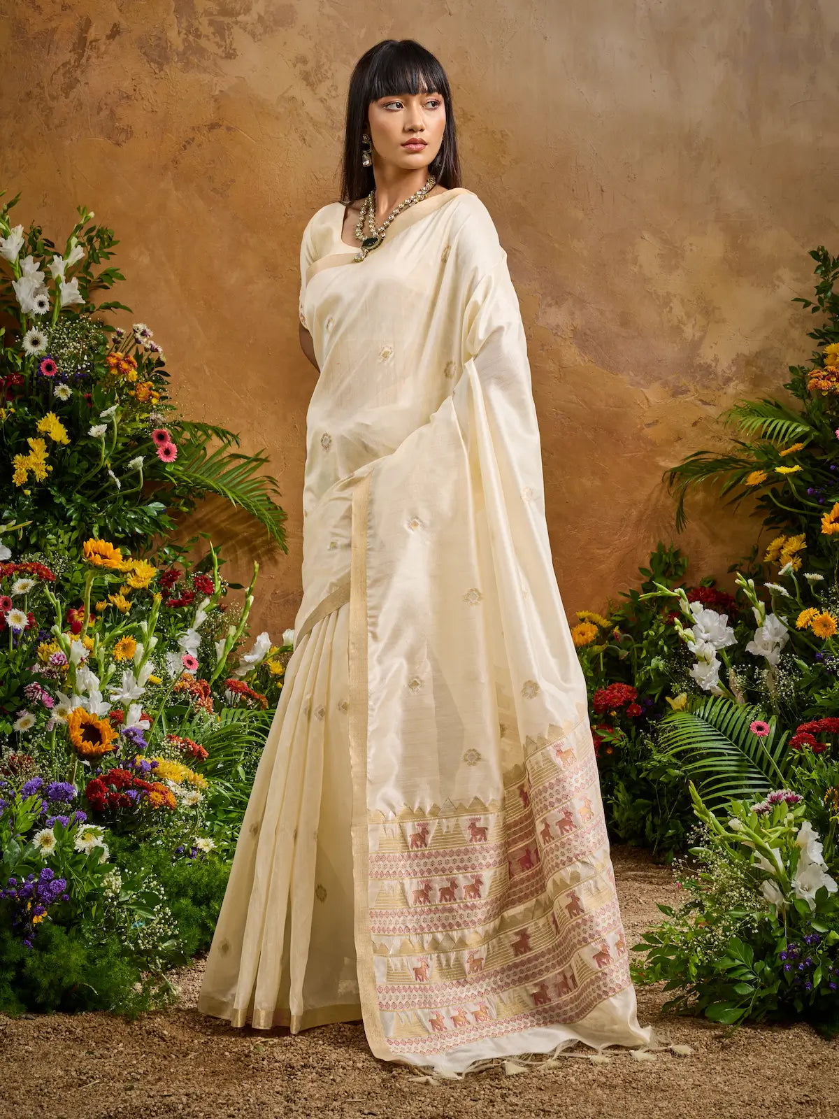 Almond Beige Zari weaving Tussar Silk Saree