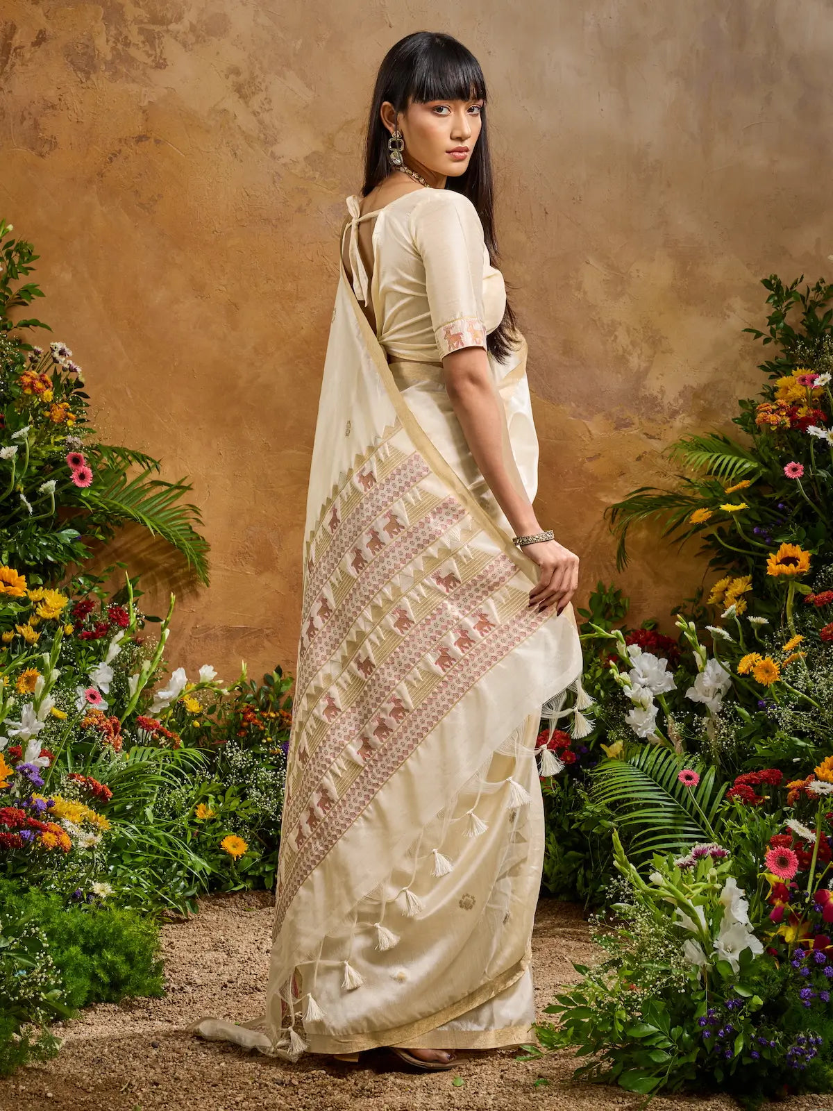 Almond Beige Zari weaving Tussar Silk Saree