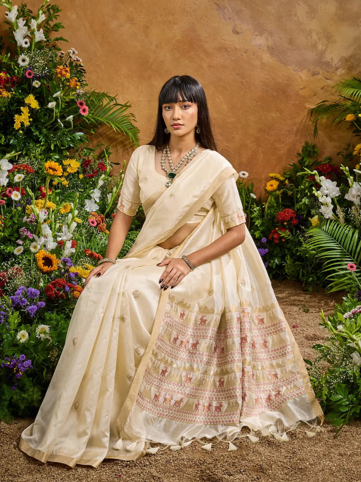 Almond Beige Zari weaving Tussar Silk Saree