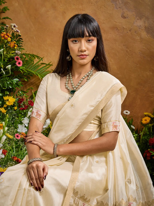 Almond Beige Zari weaving Tussar Silk Saree