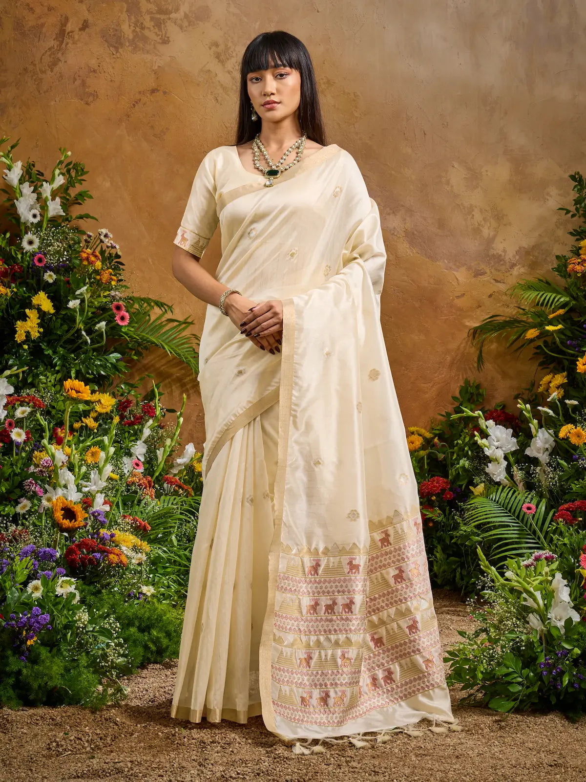 Almond Beige Zari weaving Tussar Silk Saree