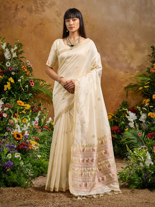 Almond Beige Zari weaving Tussar Silk Saree