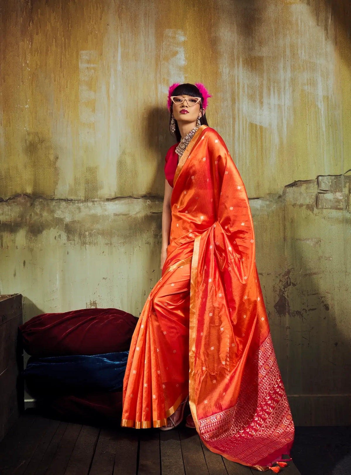 Bright Orange Silk Zari Weaving Saree