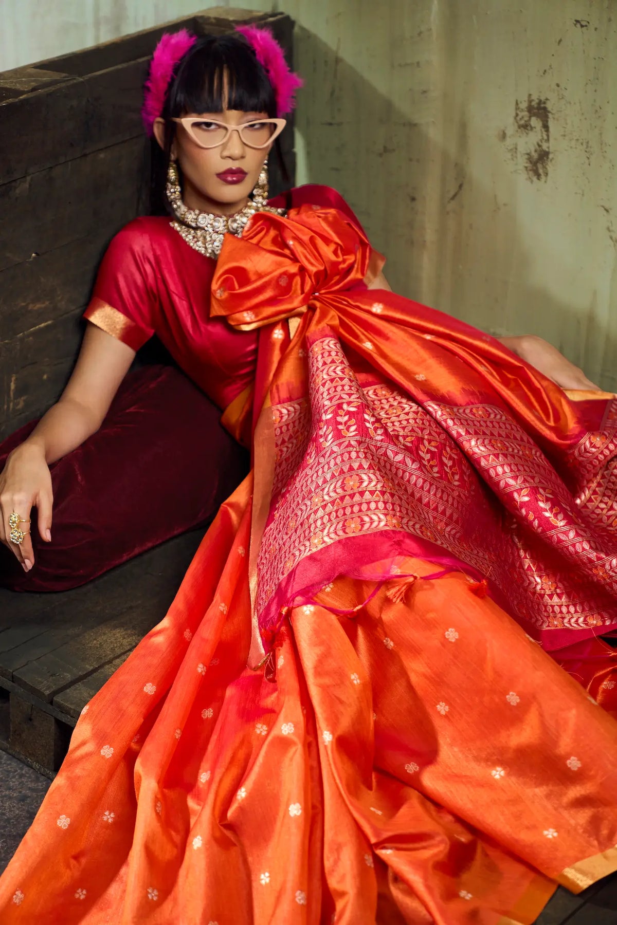 Bright Orange Silk Zari Weaving Saree
