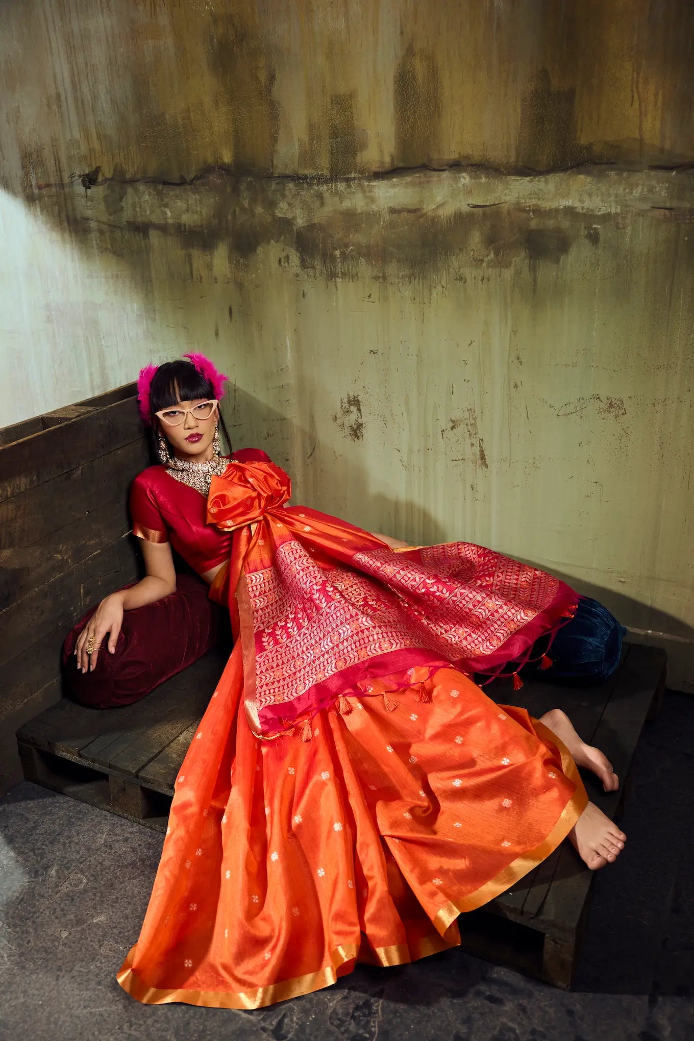 Bright Orange Silk Zari Weaving Saree