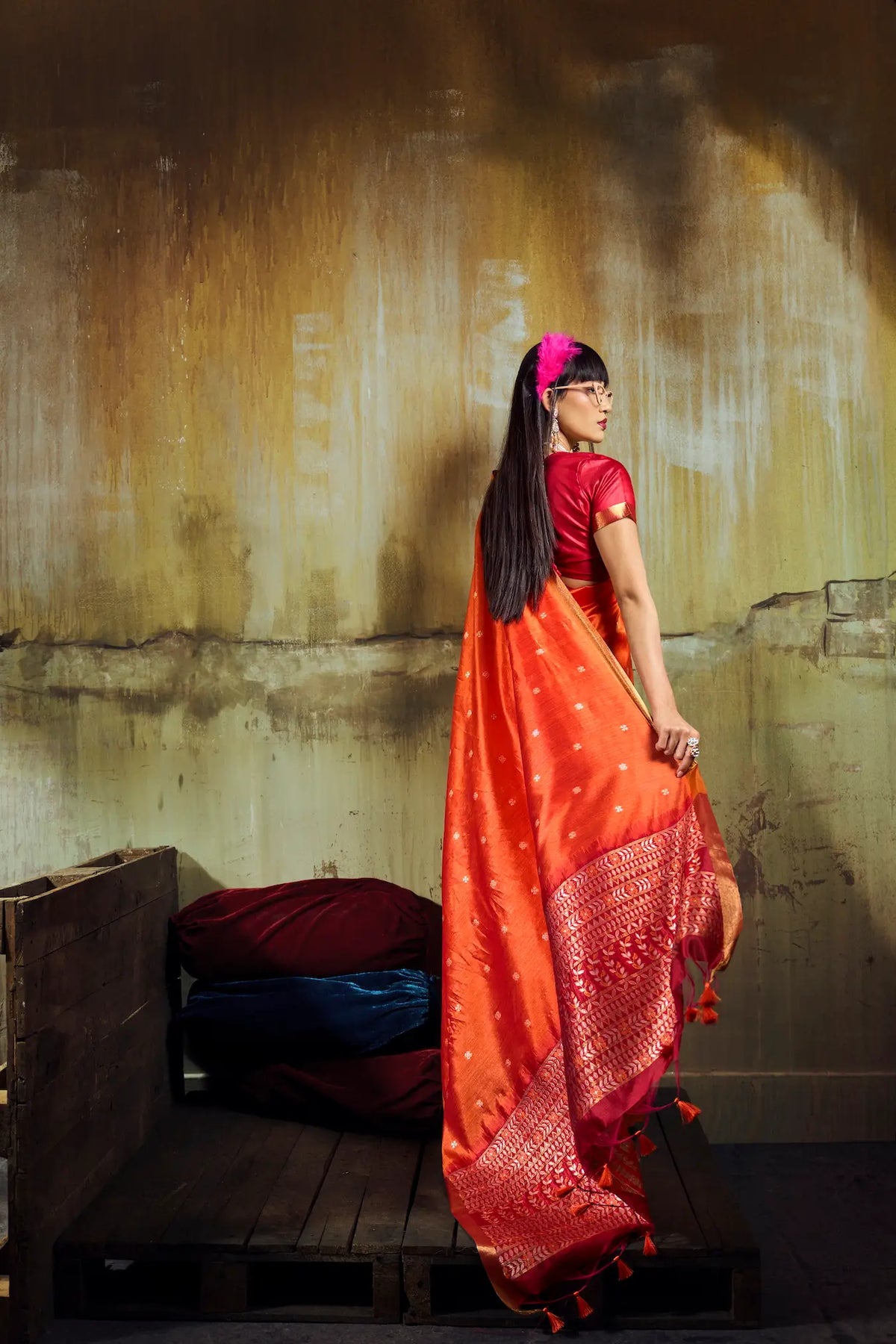 Bright Orange Silk Zari Weaving Saree