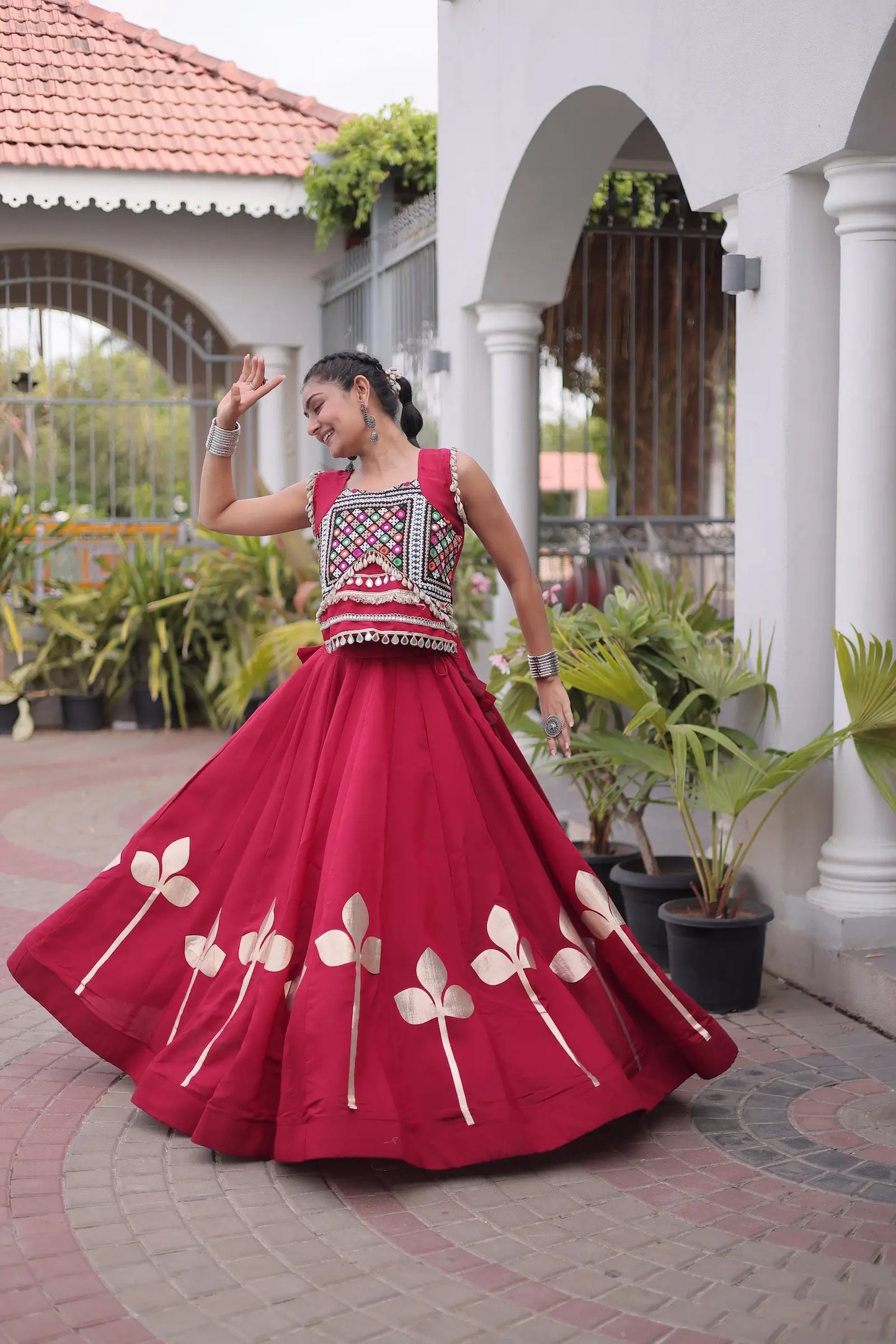 Maroon Mirror & Gamthi Work Navratri Lehenga