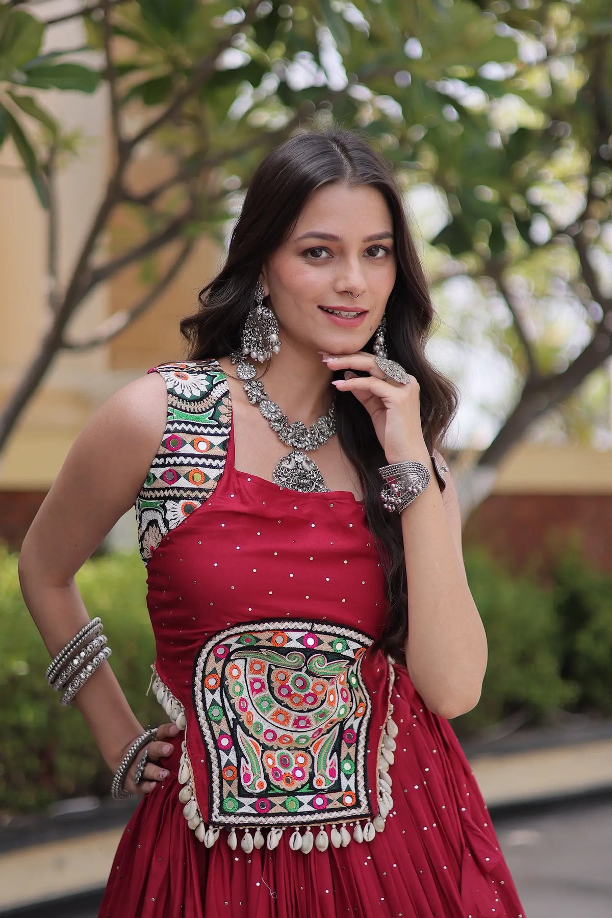 Maroon Garba Chaniya Choli With Lace & Gamthi Work