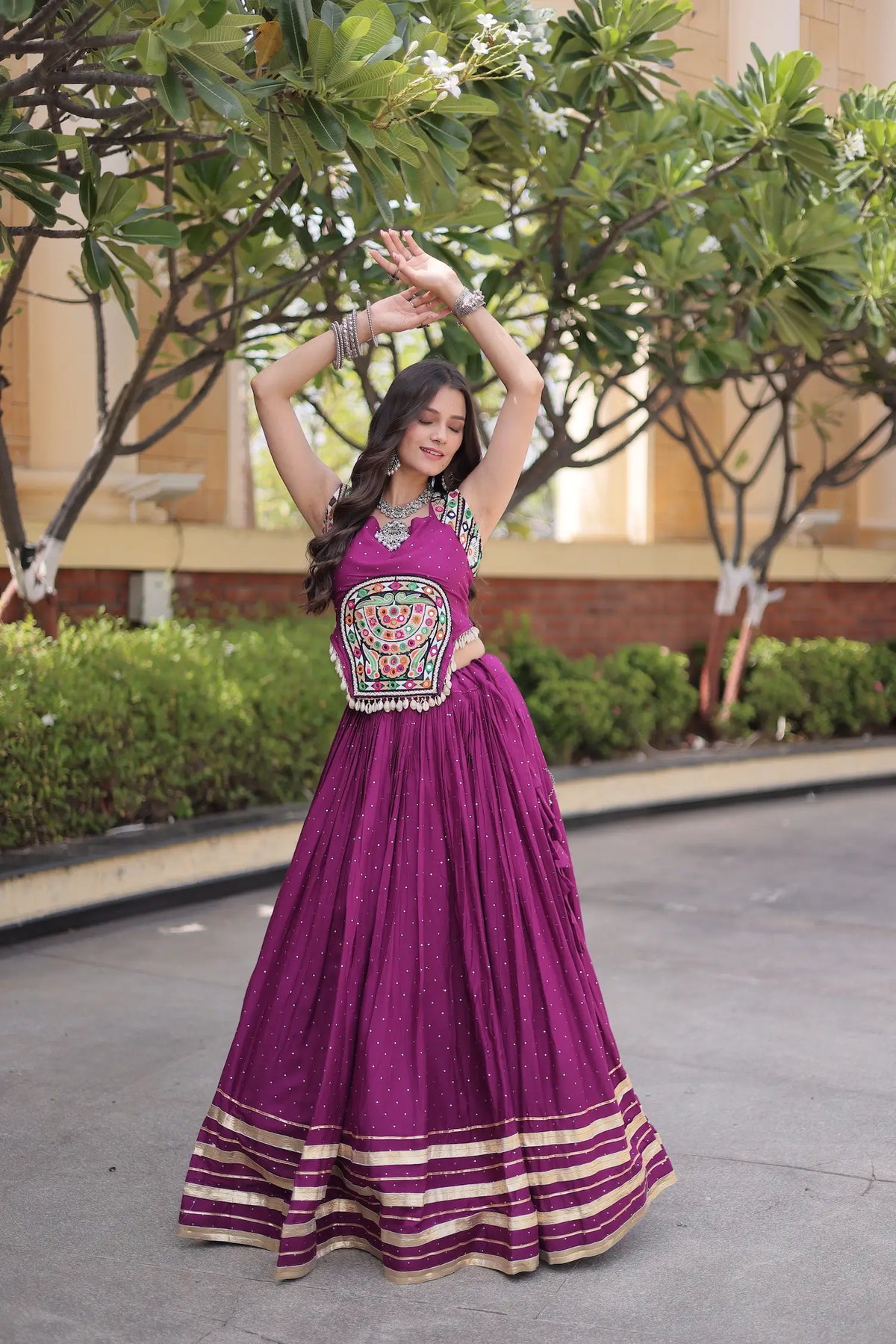 Wine Garba Chaniya Choli With Lace & Gamthi Work