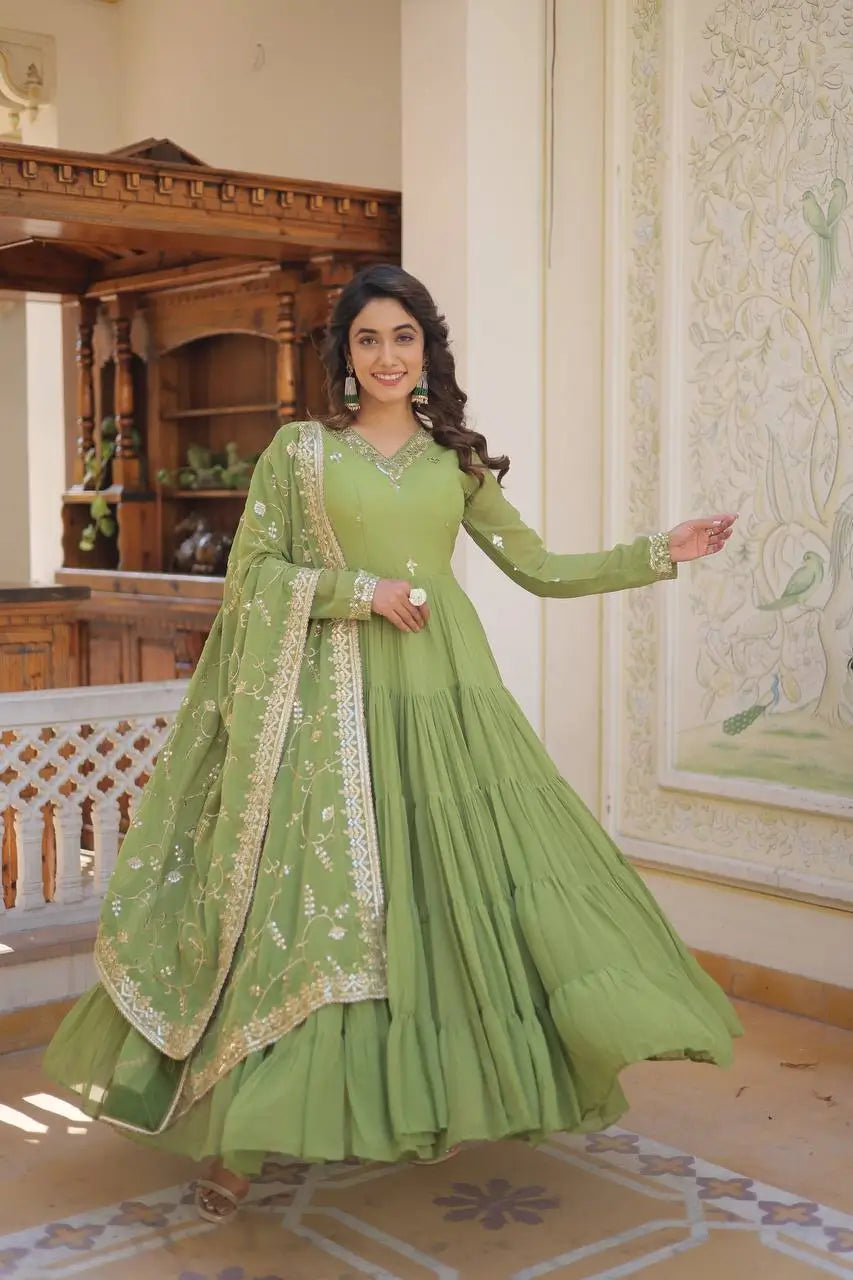 Pista Green Georgette Embroidered Anarkali Gown with Dupatta