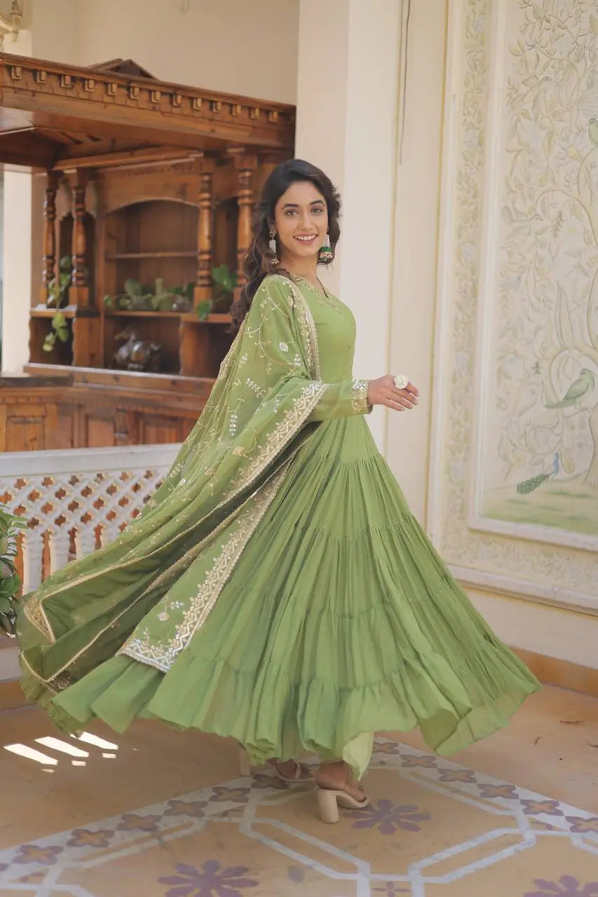 Pista Green Georgette Embroidered Anarkali Gown with Dupatta