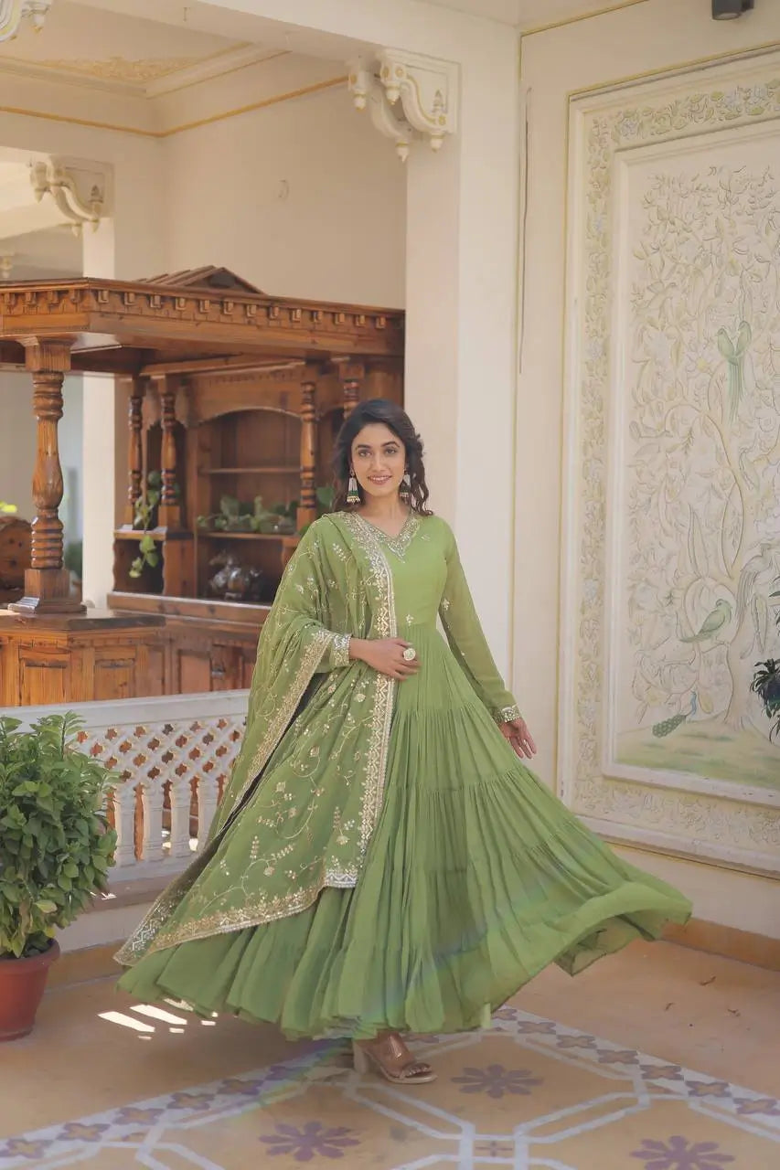 Pista Green Georgette Embroidered Anarkali Gown with Dupatta