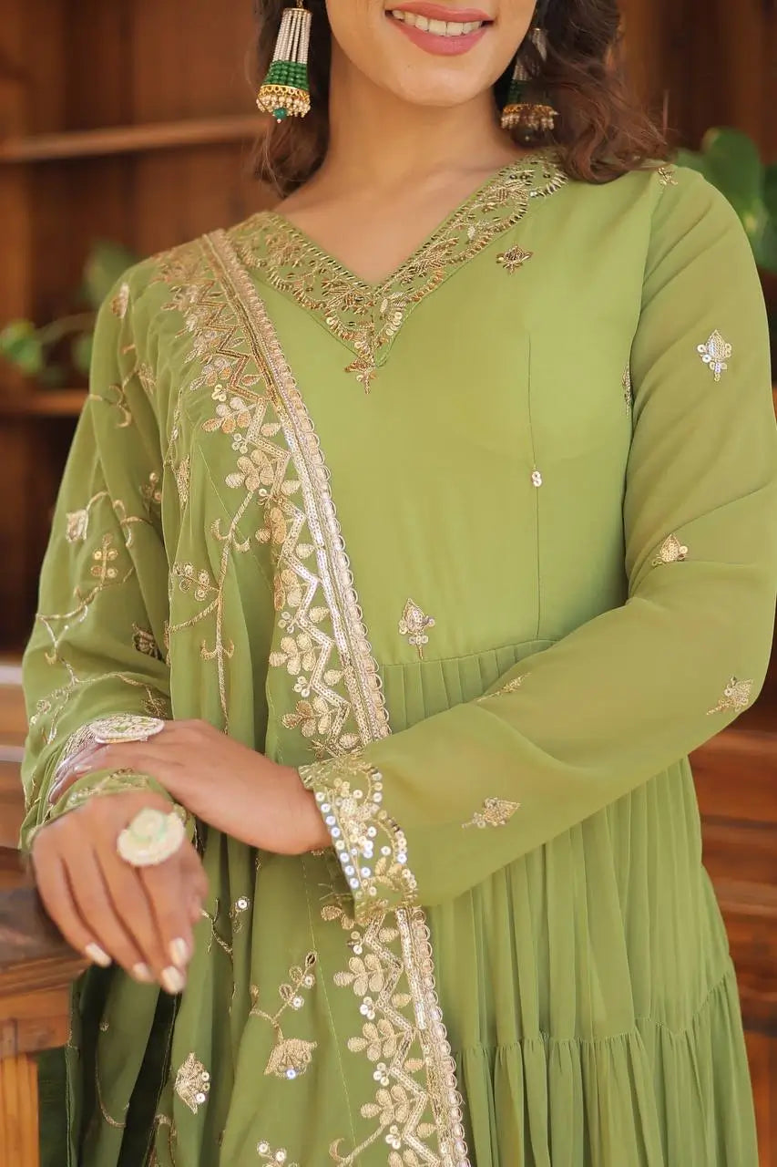 Pista Green Georgette Embroidered Anarkali Gown with Dupatta