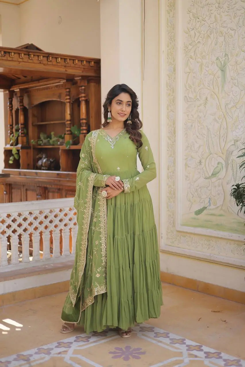 Pista Green Georgette Embroidered Anarkali Gown with Dupatta